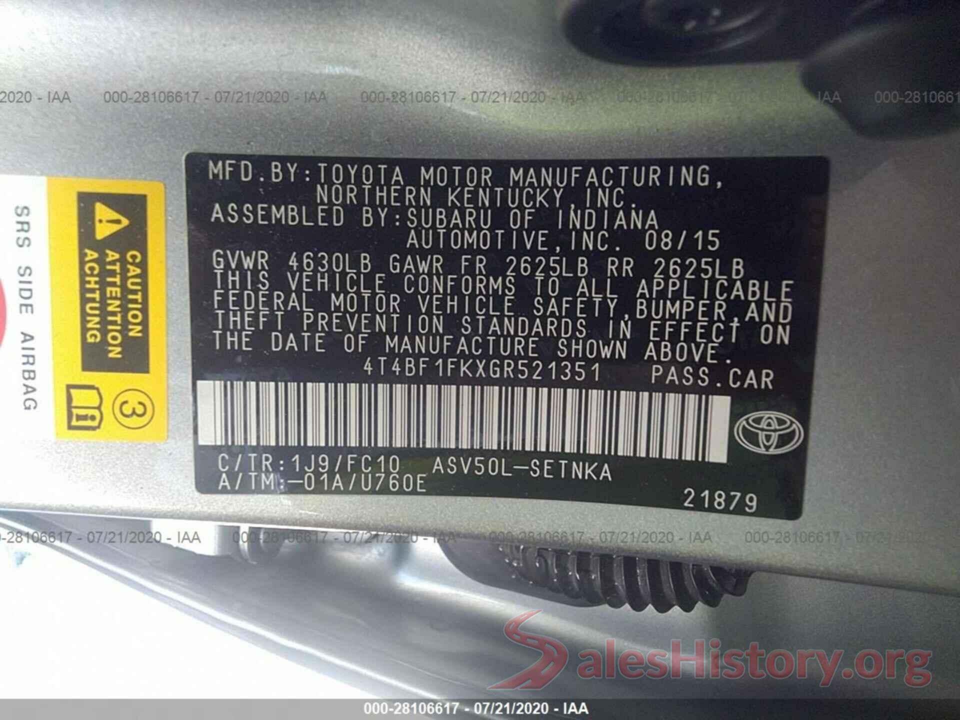 4T4BF1FKXGR521351 2016 TOYOTA CAMRY