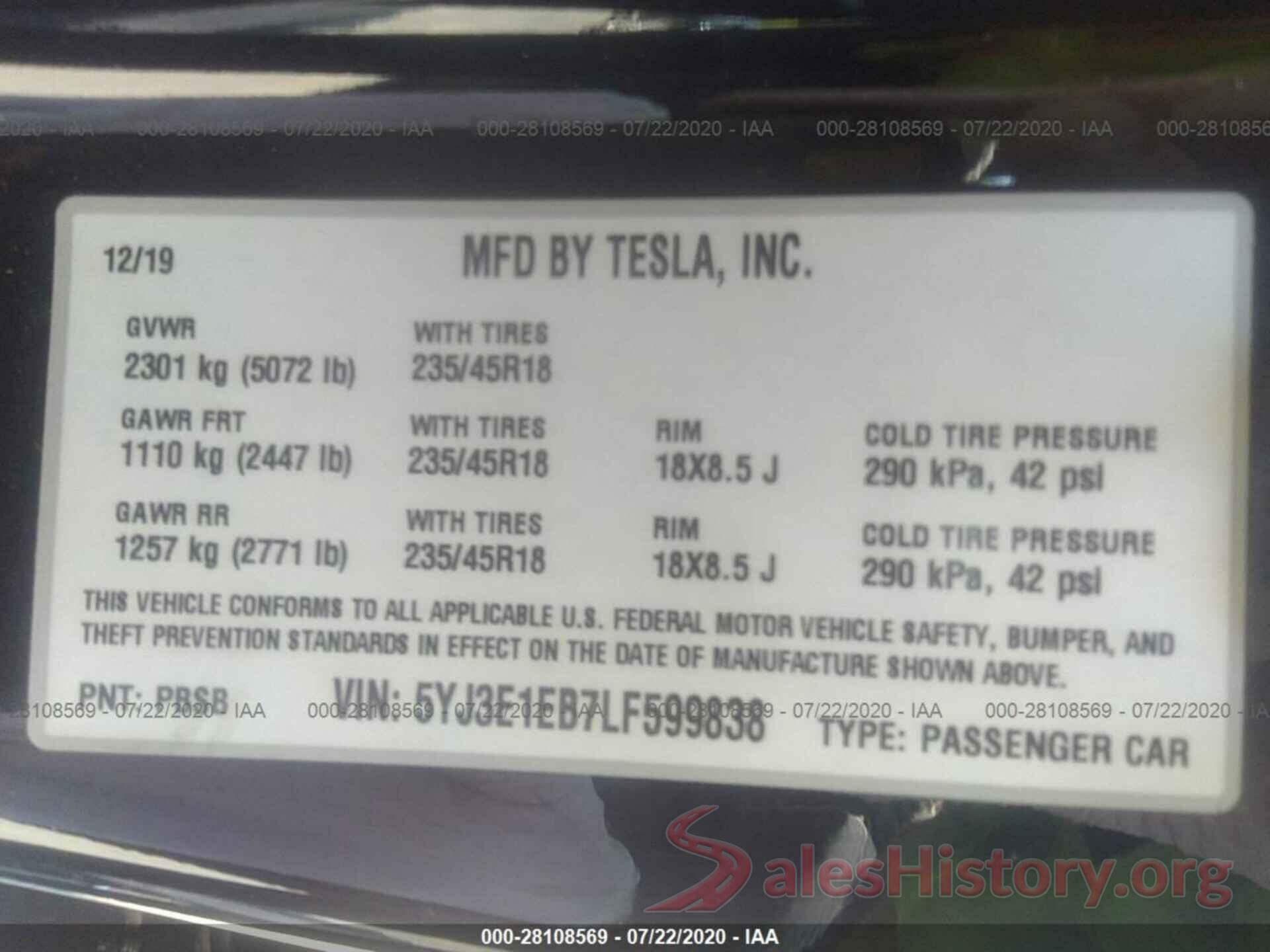 5YJ3E1EB7LF599838 2020 TESLA MODEL 3