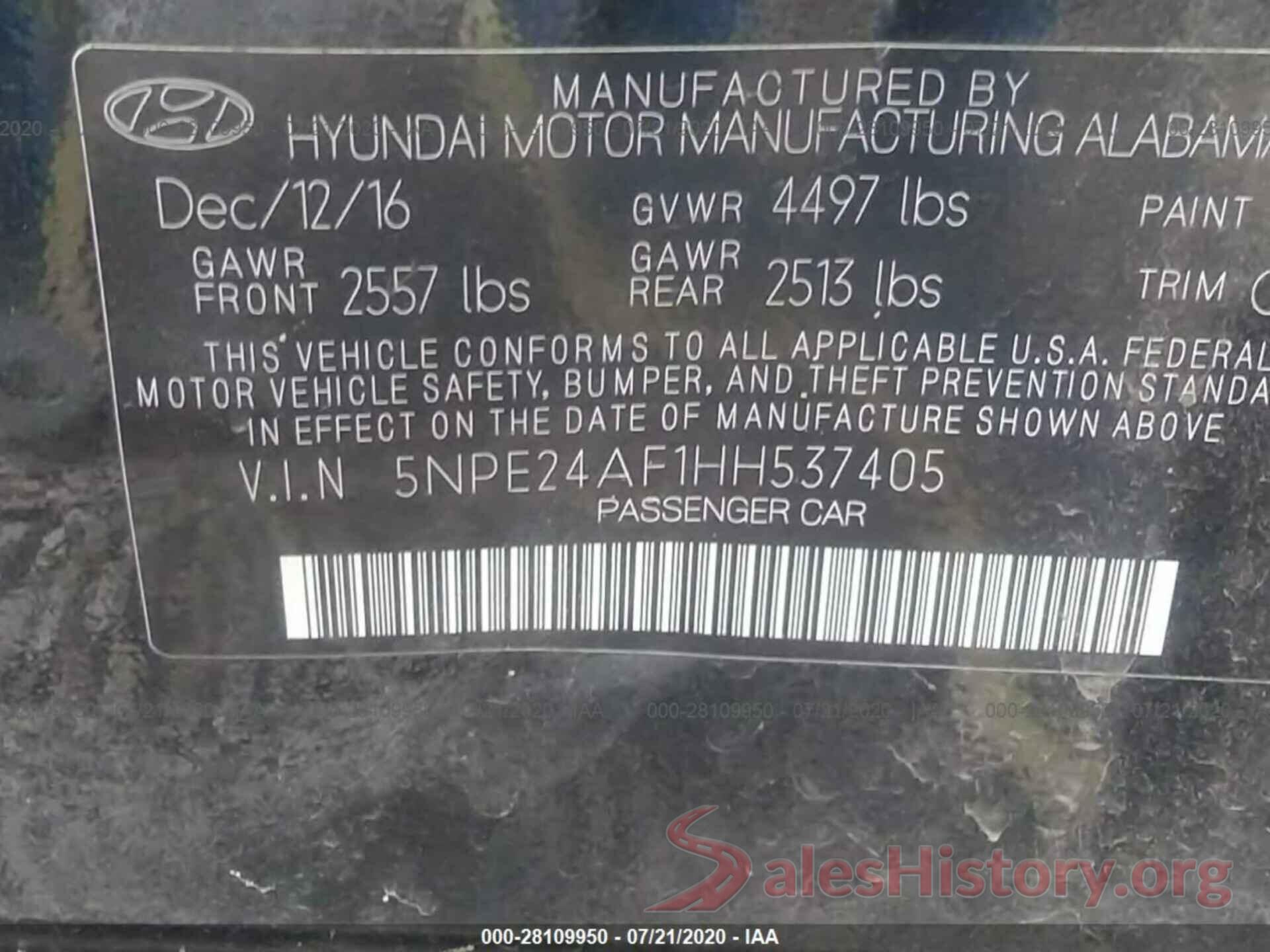 5NPE24AF1HH537405 2017 Hyundai Sonata