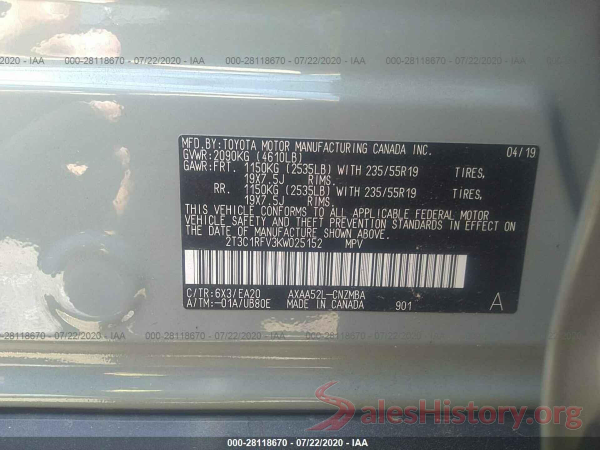 2T3C1RFV3KW025152 2019 TOYOTA RAV4