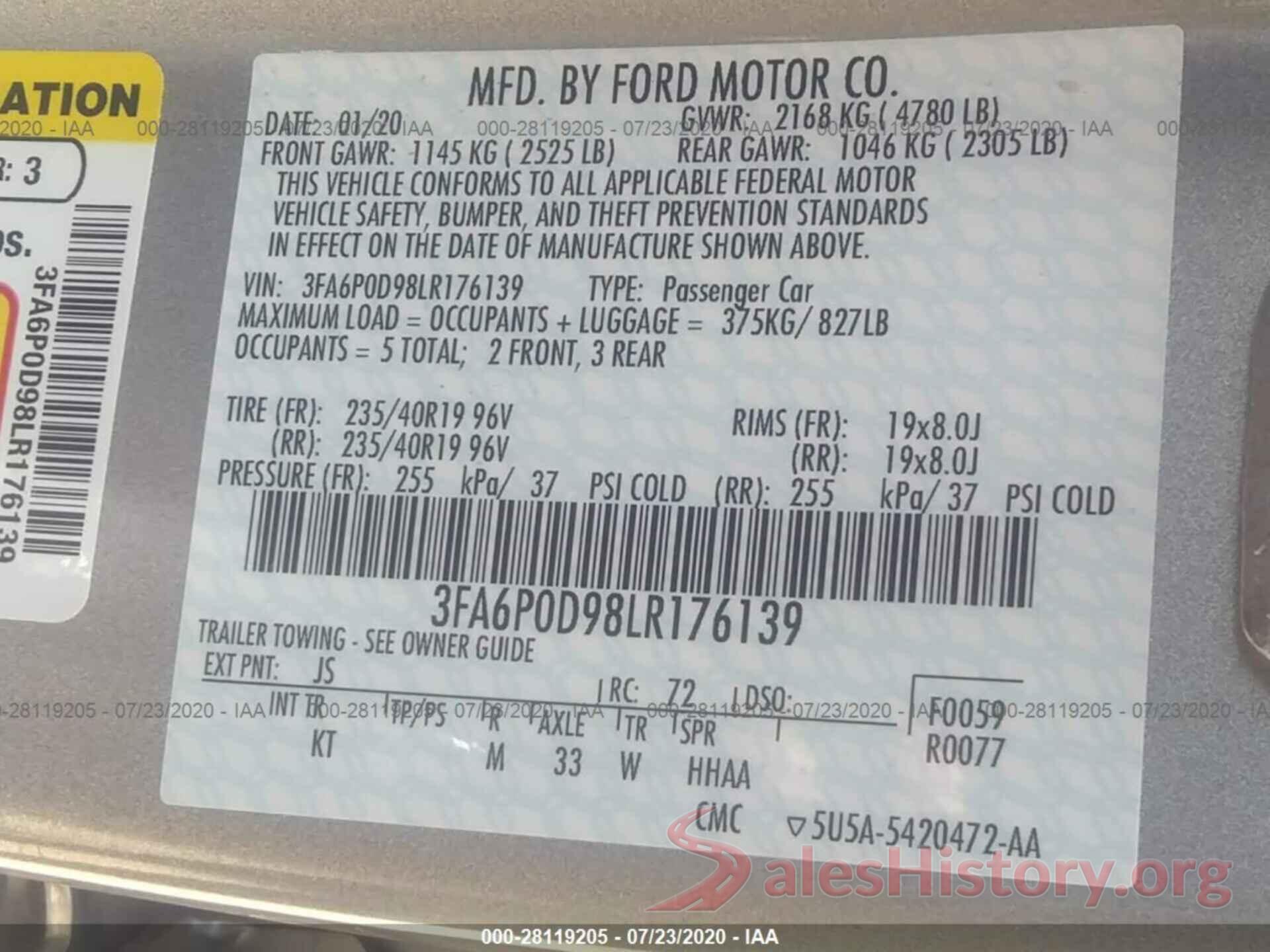 3FA6P0D98LR176139 2020 FORD FUSION