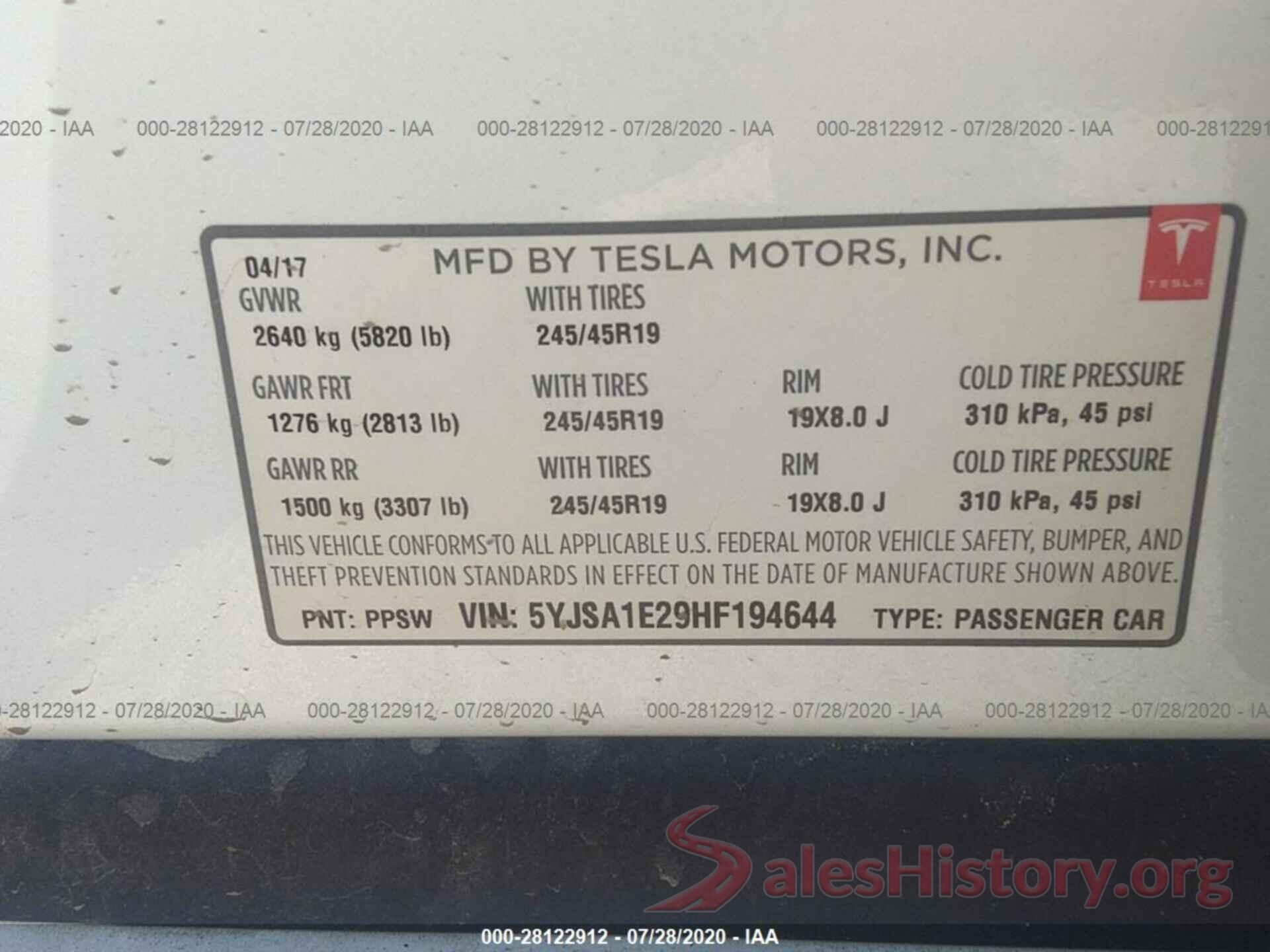 5YJSA1E29HF194644 2017 TESLA MODEL S