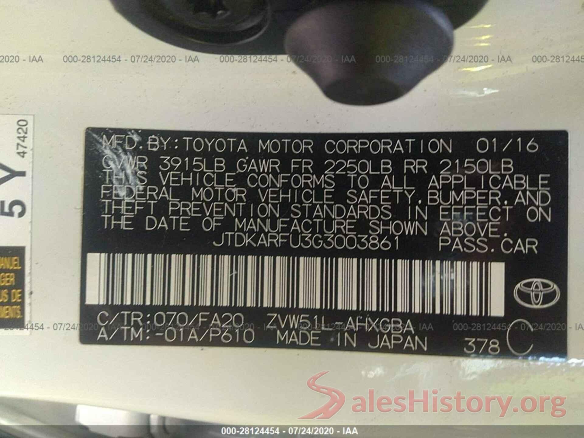 JTDKARFU3G3003861 2016 TOYOTA PRIUS