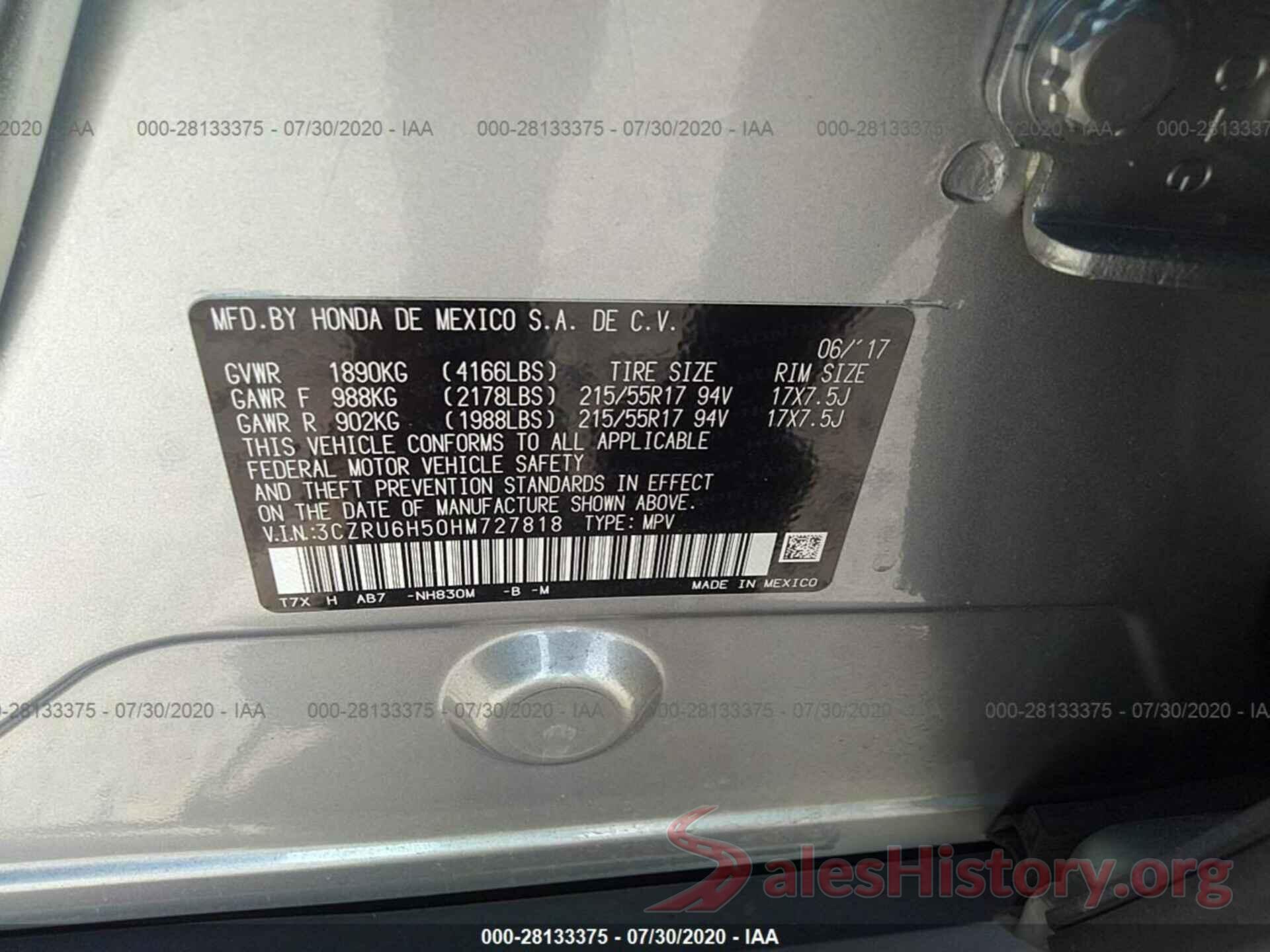 3CZRU6H50HM727818 2017 HONDA HR-V