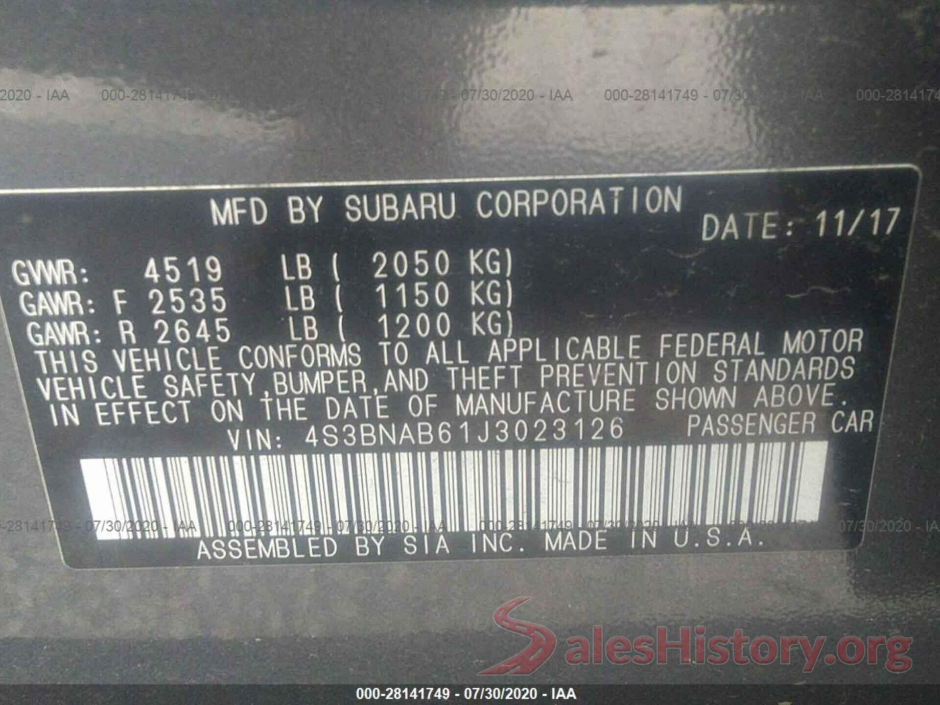 4S3BNAB61J3023126 2018 SUBARU LEGACY