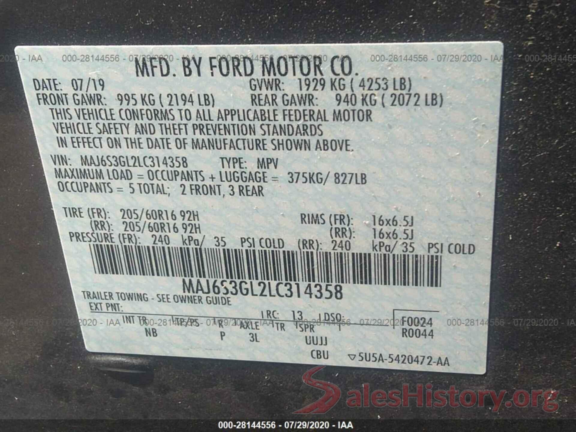 MAJ6S3GL2LC314358 2020 FORD ECOSPORT