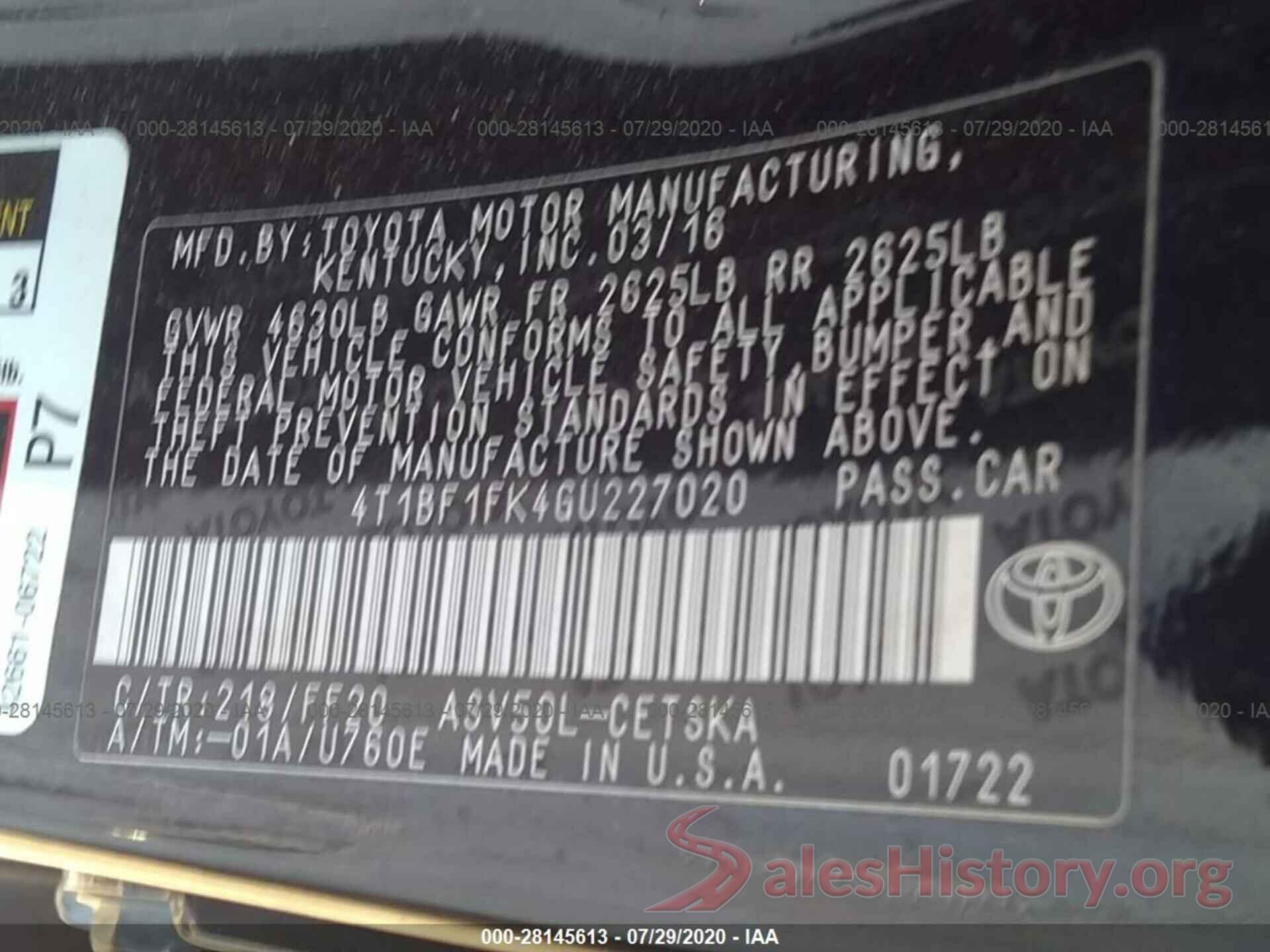 4T1BF1FK4GU227020 2016 TOYOTA CAMRY