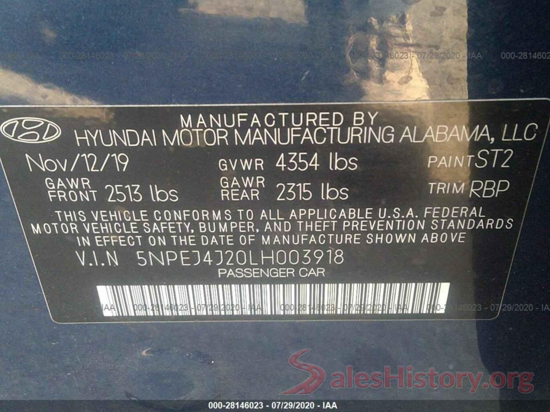 5NPEJ4J20LH003918 2020 HYUNDAI SONATA