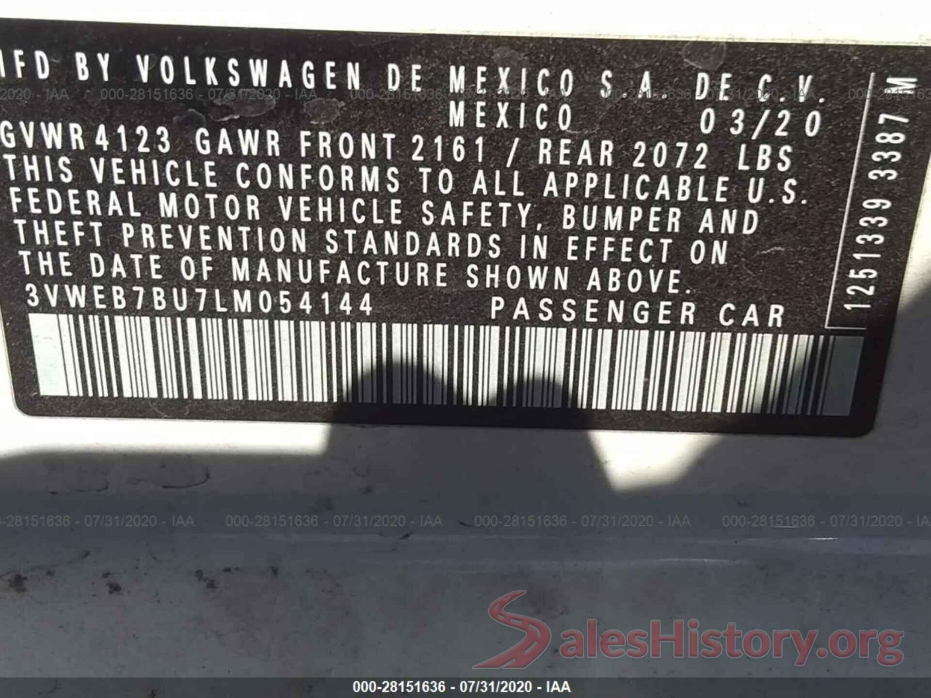 3VWEB7BU7LM054144 2020 VOLKSWAGEN JETTA