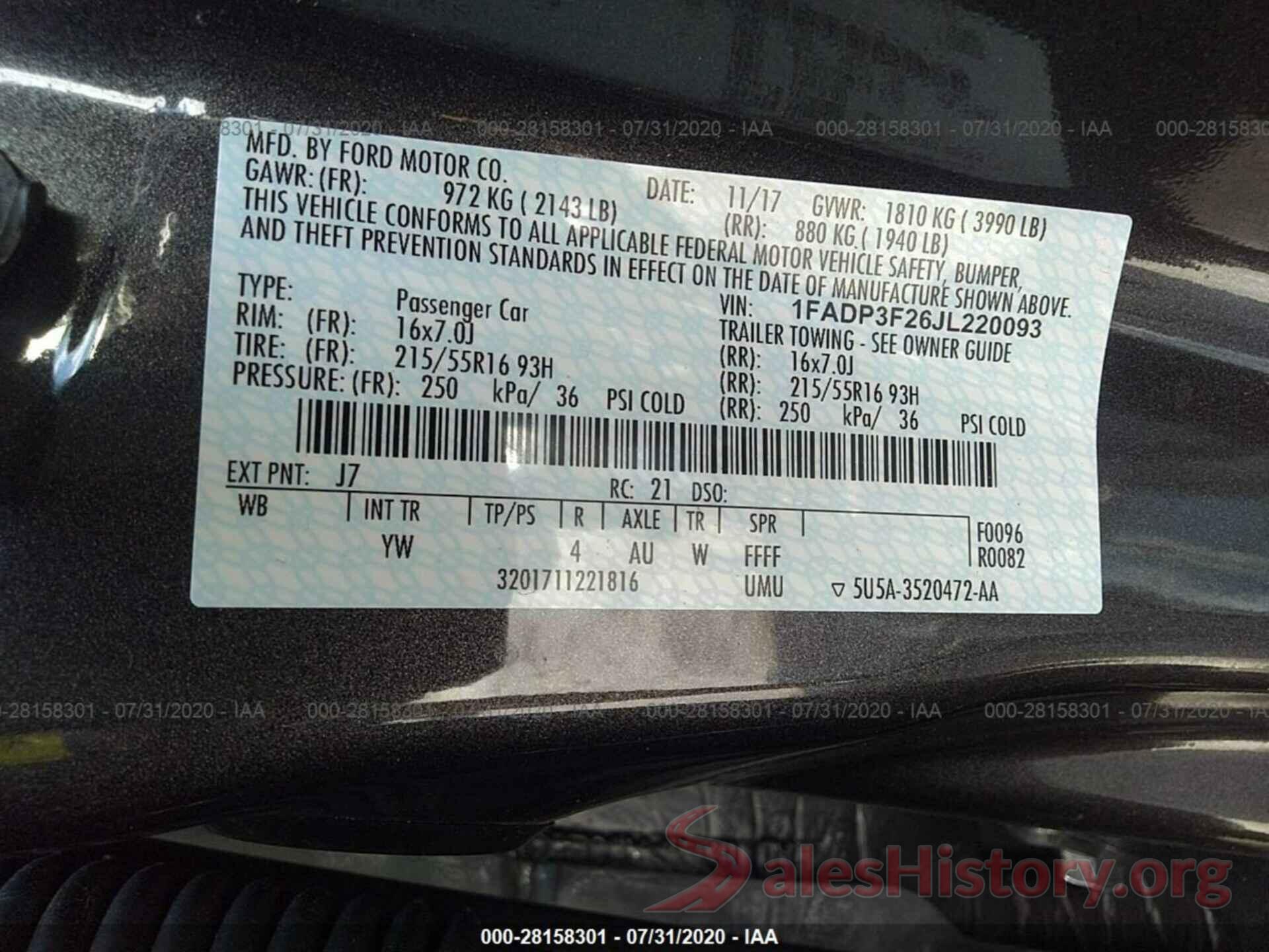 1FADP3F26JL220093 2018 FORD FOCUS