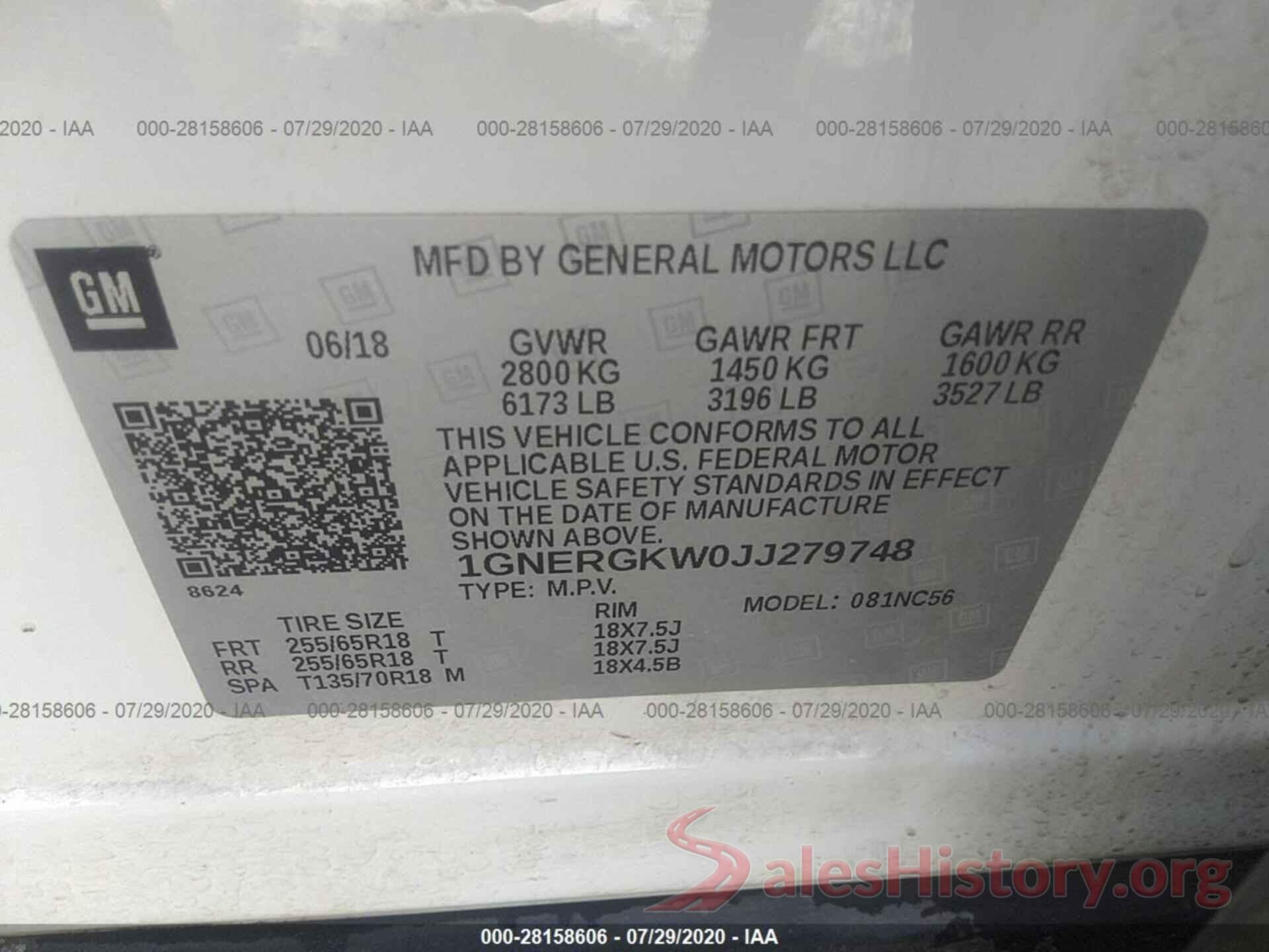 1GNERGKW0JJ279748 2018 CHEVROLET TRAVERSE