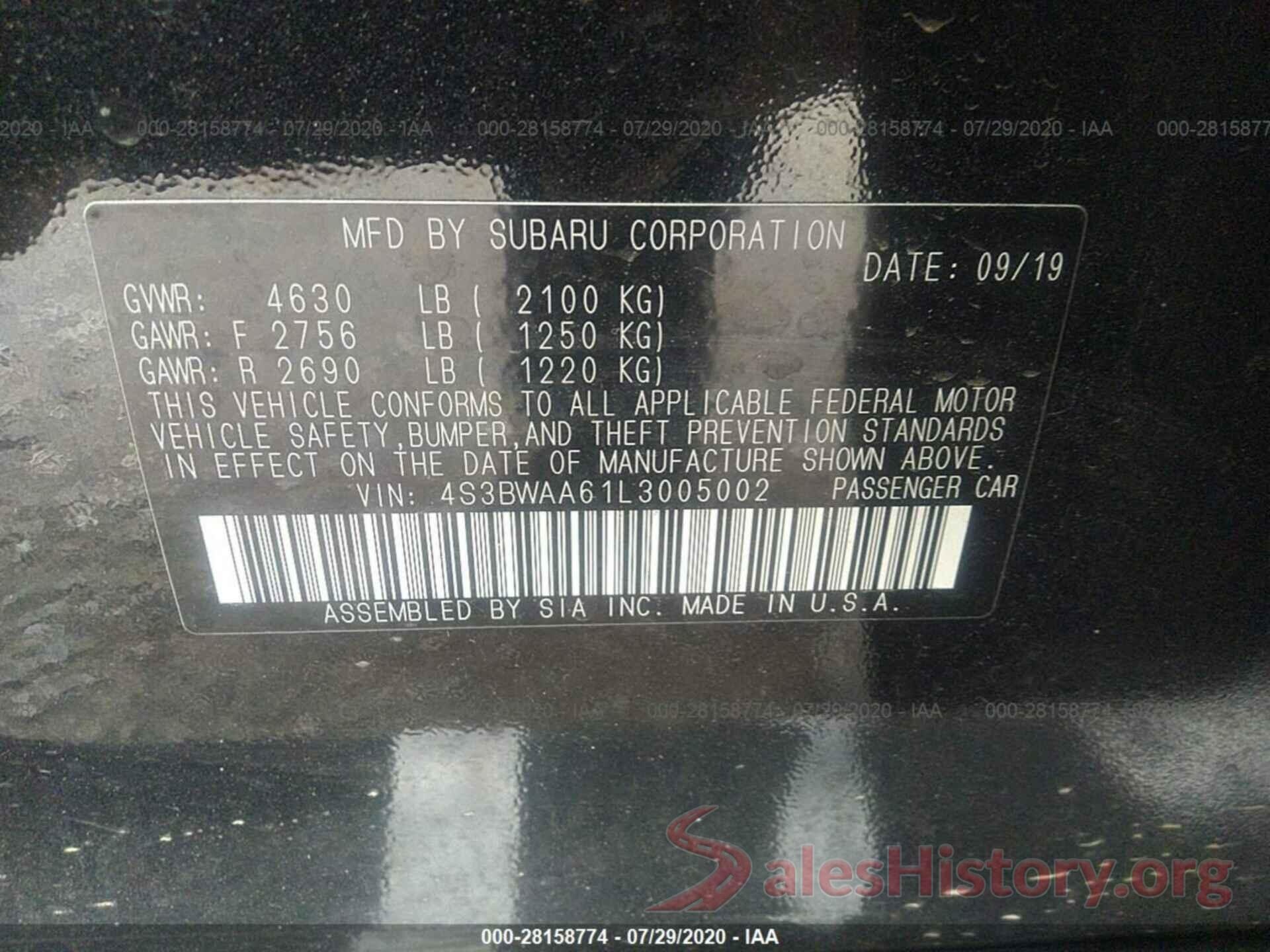 4S3BWAA61L3005002 2020 SUBARU LEGACY