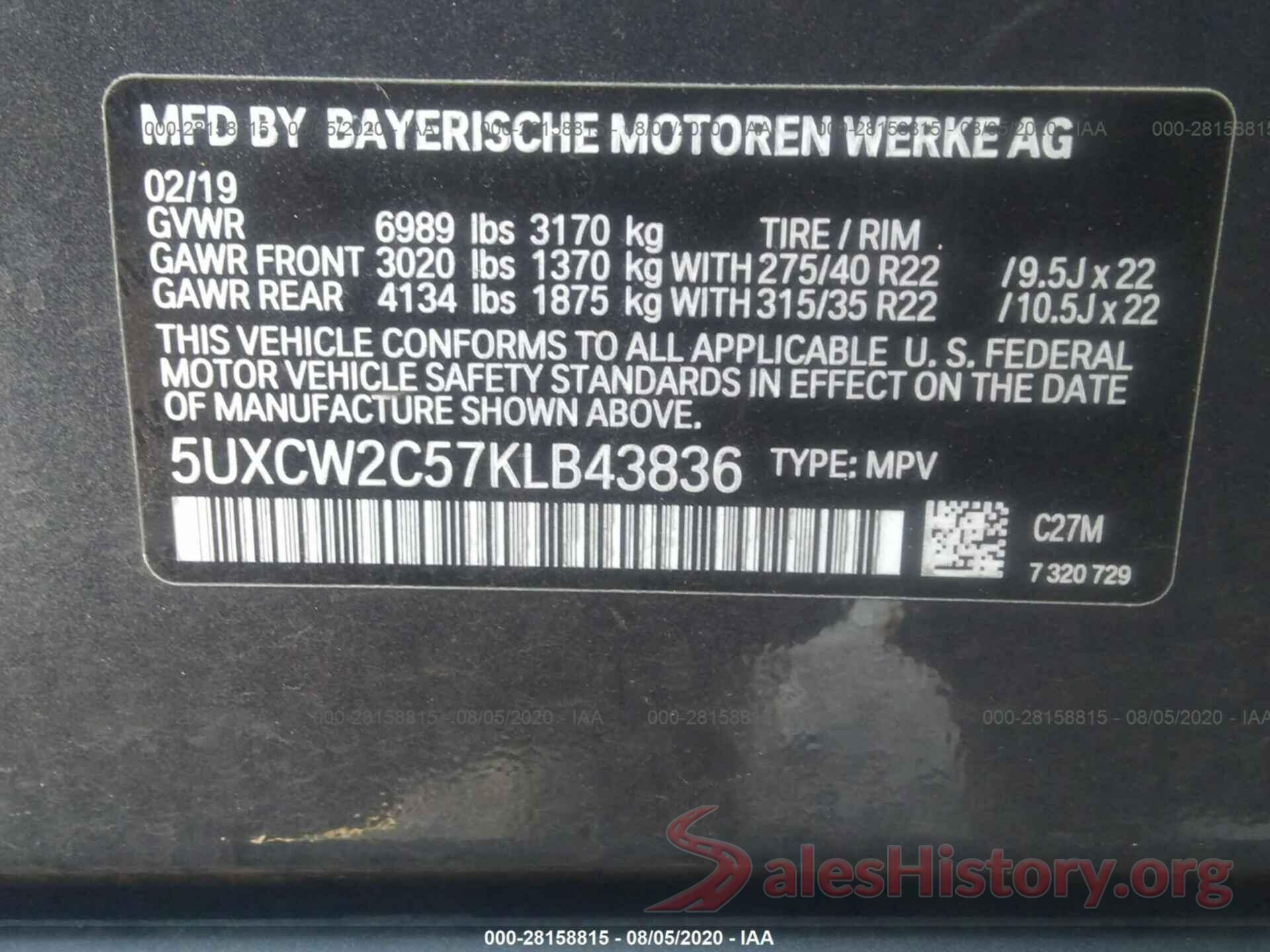 5UXCW2C57KLB43836 2019 BMW X7