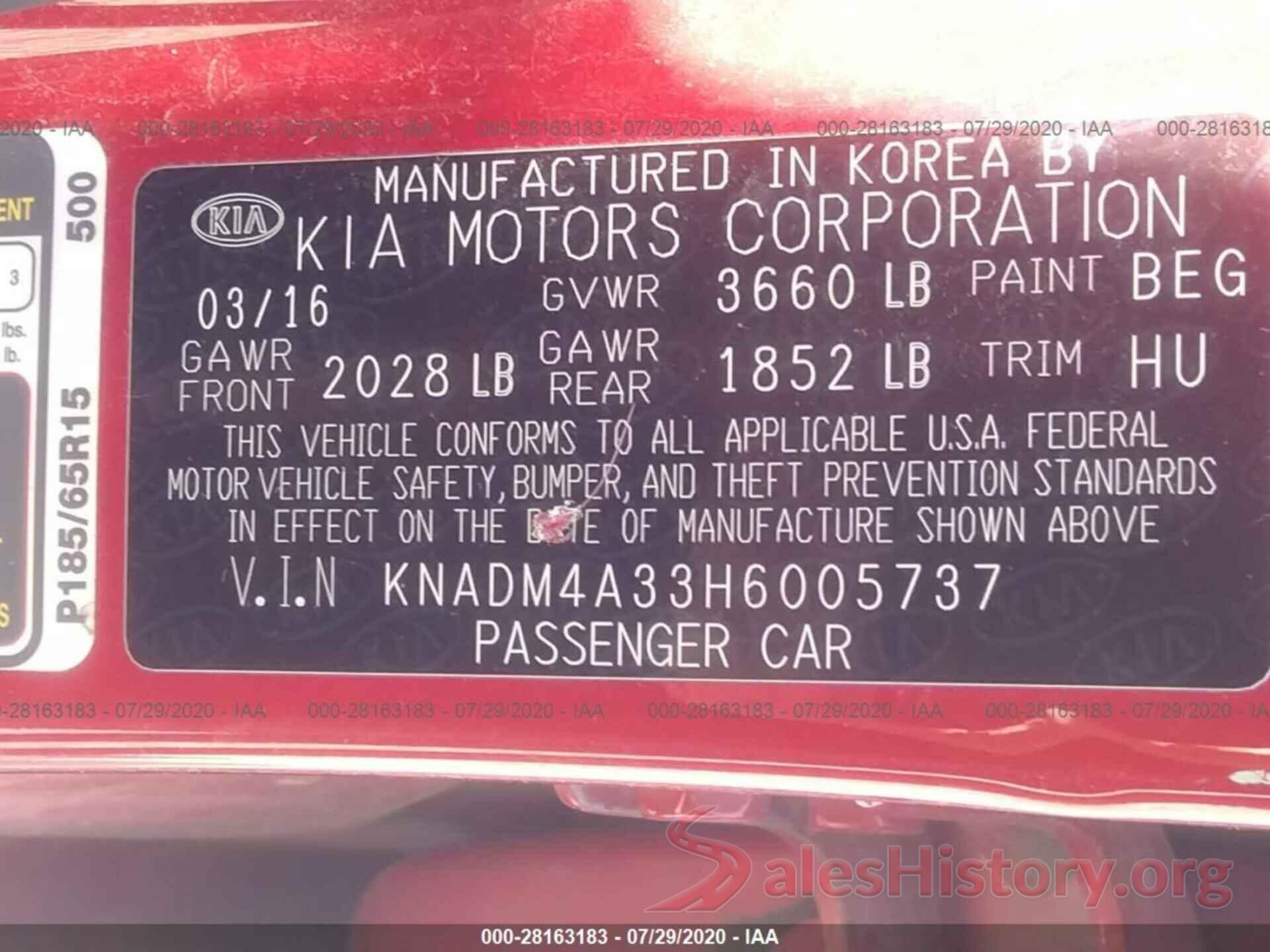 KNADM4A33H6005737 2017 KIA RIO