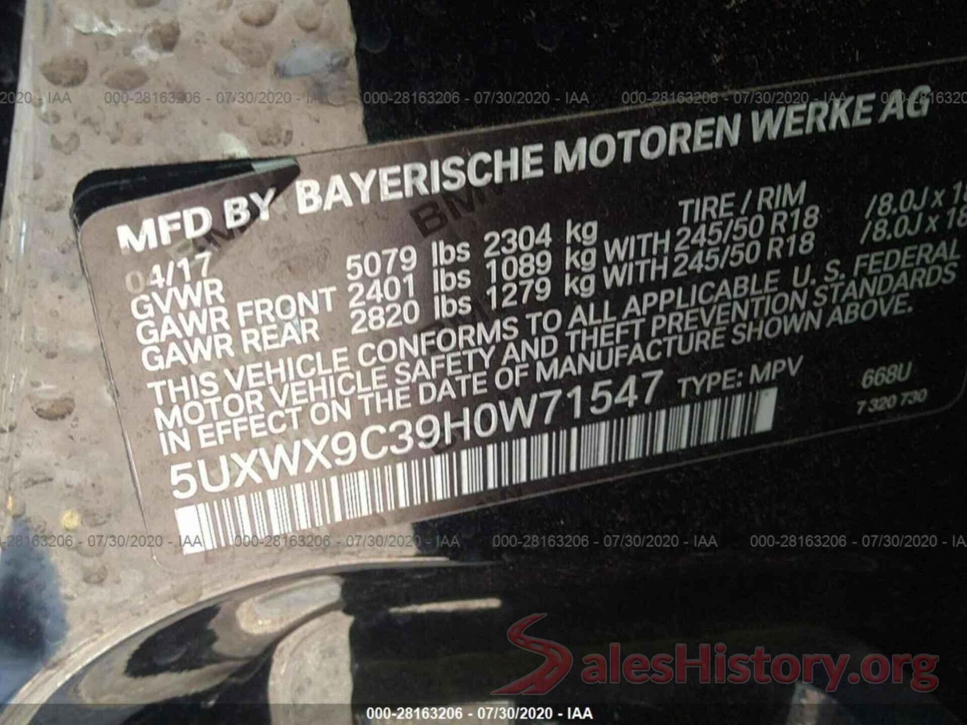 5UXWX9C39H0W71547 2017 BMW X3