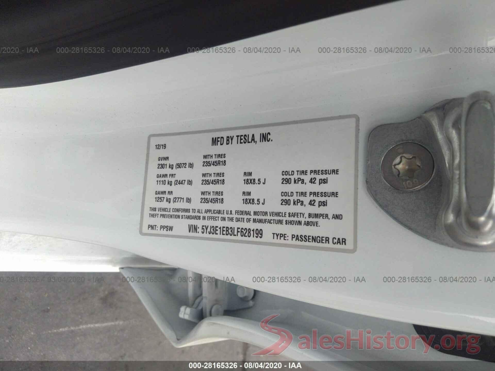 5YJ3E1EB3LF628199 2020 TESLA MODEL 3