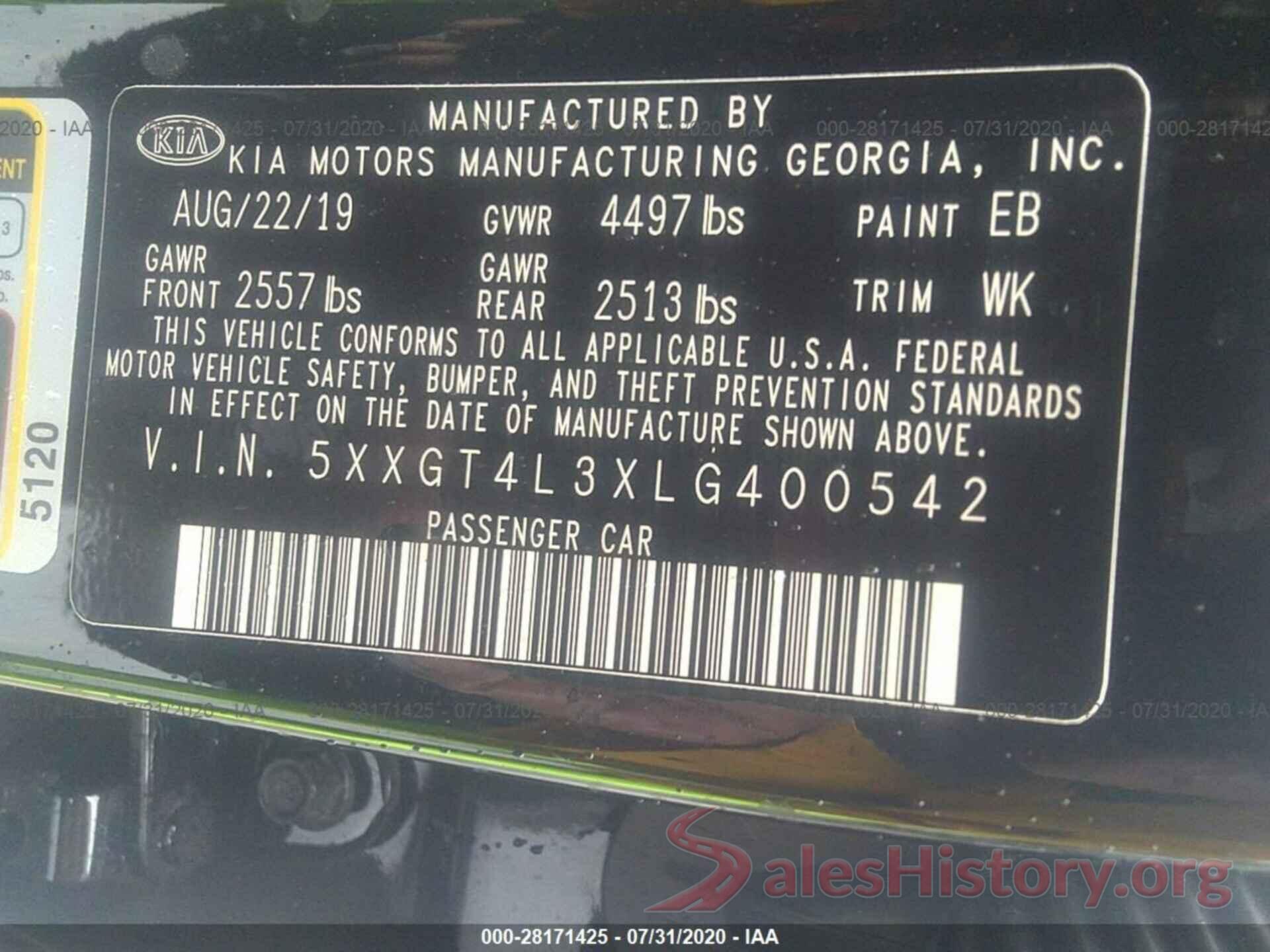 5XXGT4L3XLG400542 2020 KIA OPTIMA