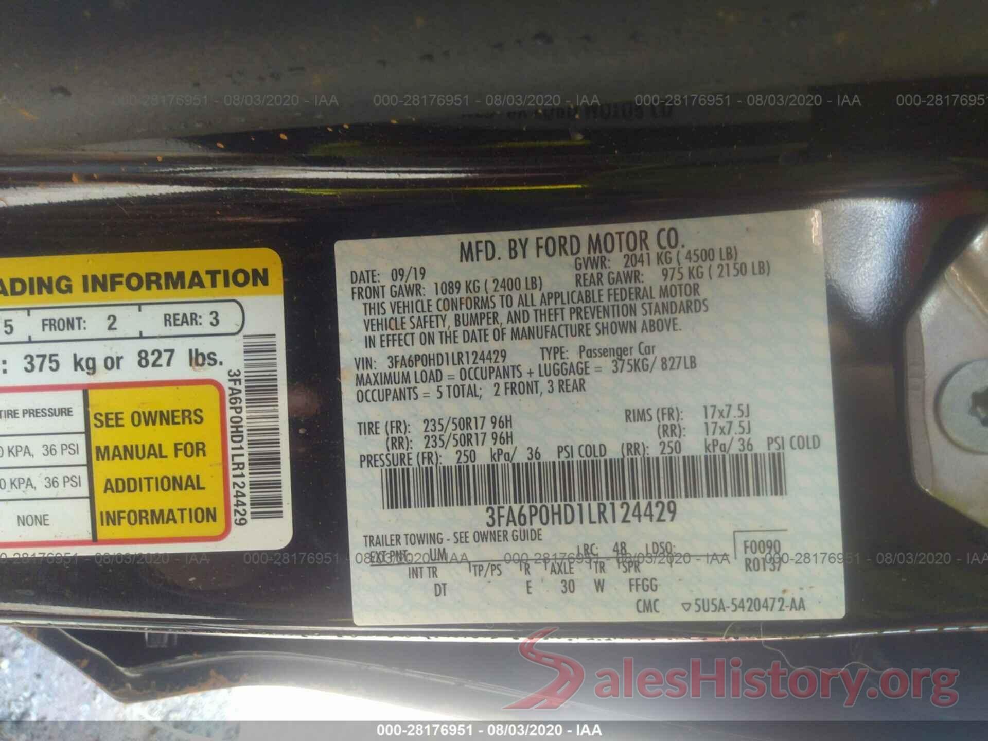 3FA6P0HD1LR124429 2020 FORD FUSION