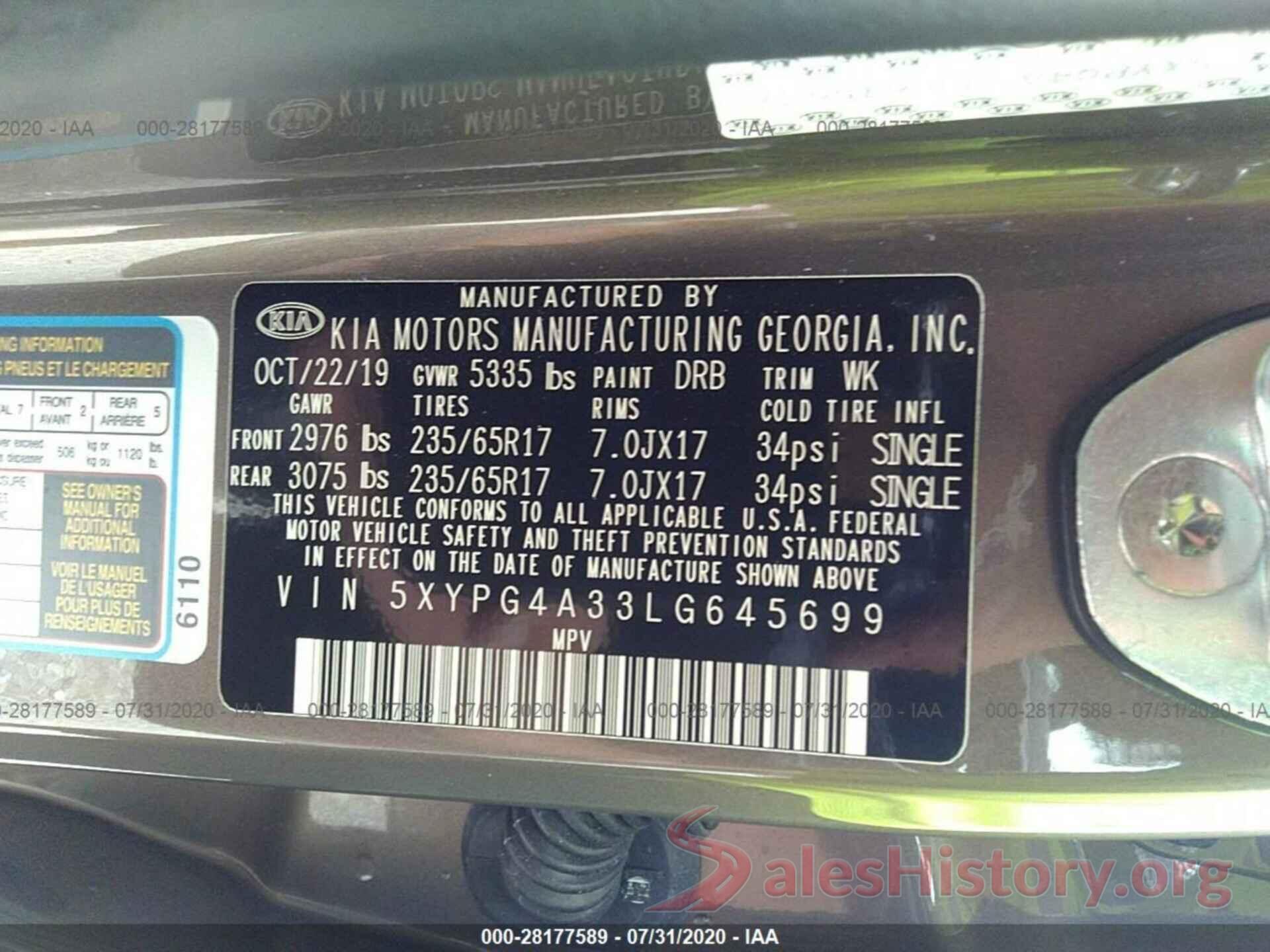 5XYPG4A33LG645699 2020 KIA SORENTO