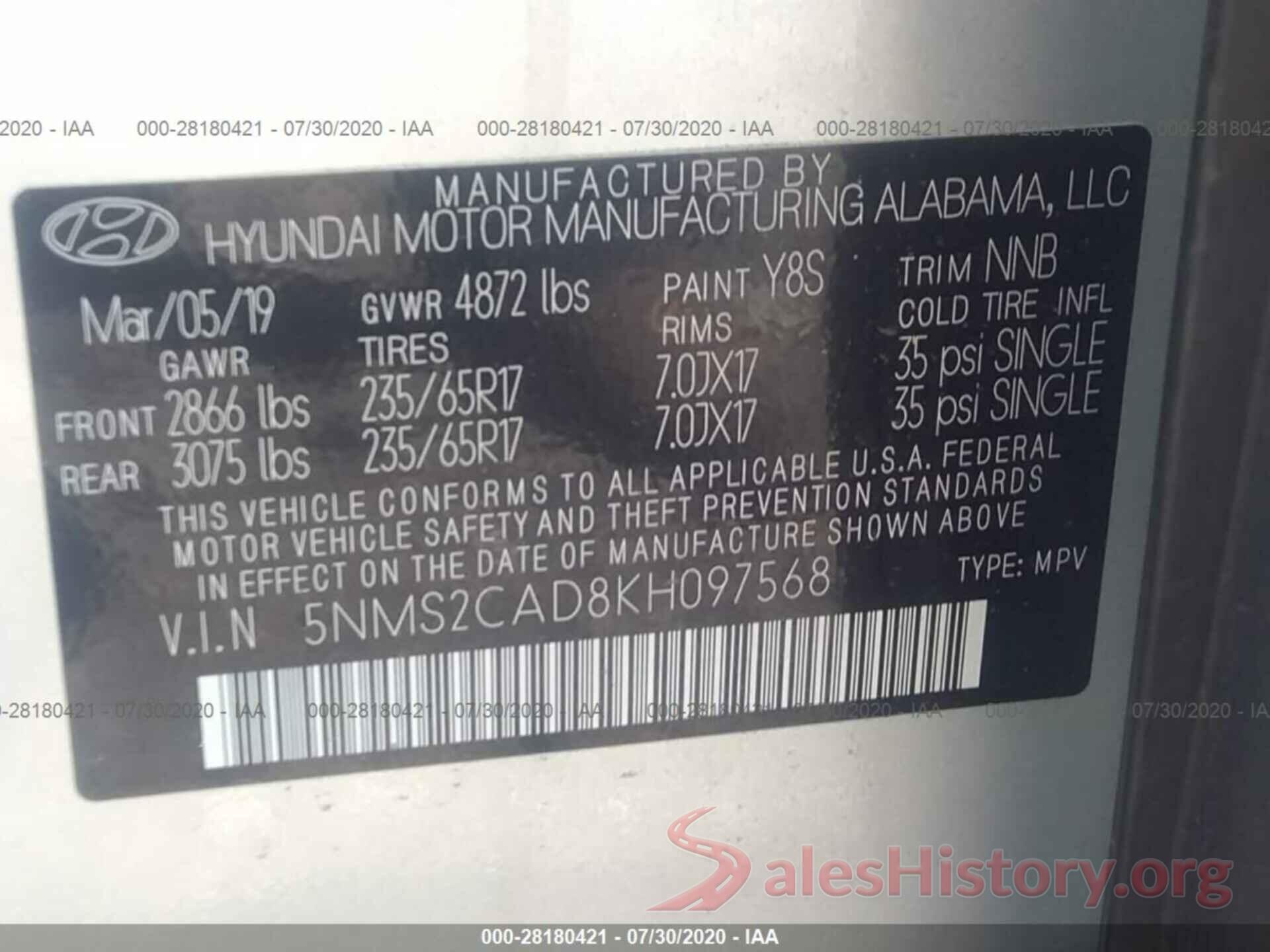 5NMS2CAD8KH097568 2019 HYUNDAI SANTA FE