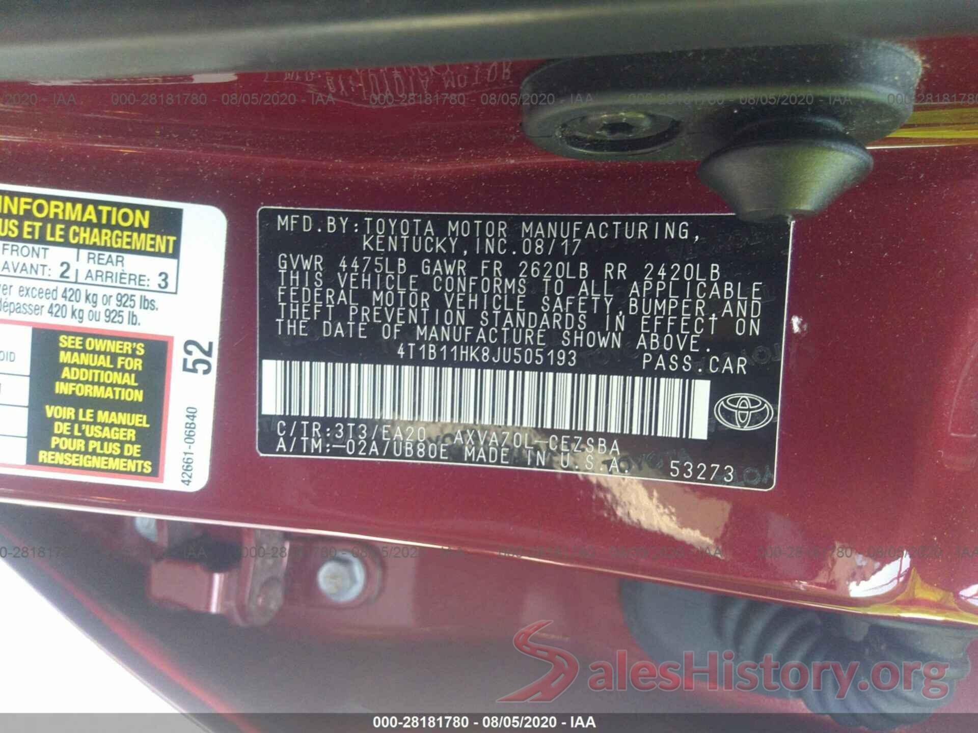 4T1B11HK8JU505193 2018 TOYOTA CAMRY