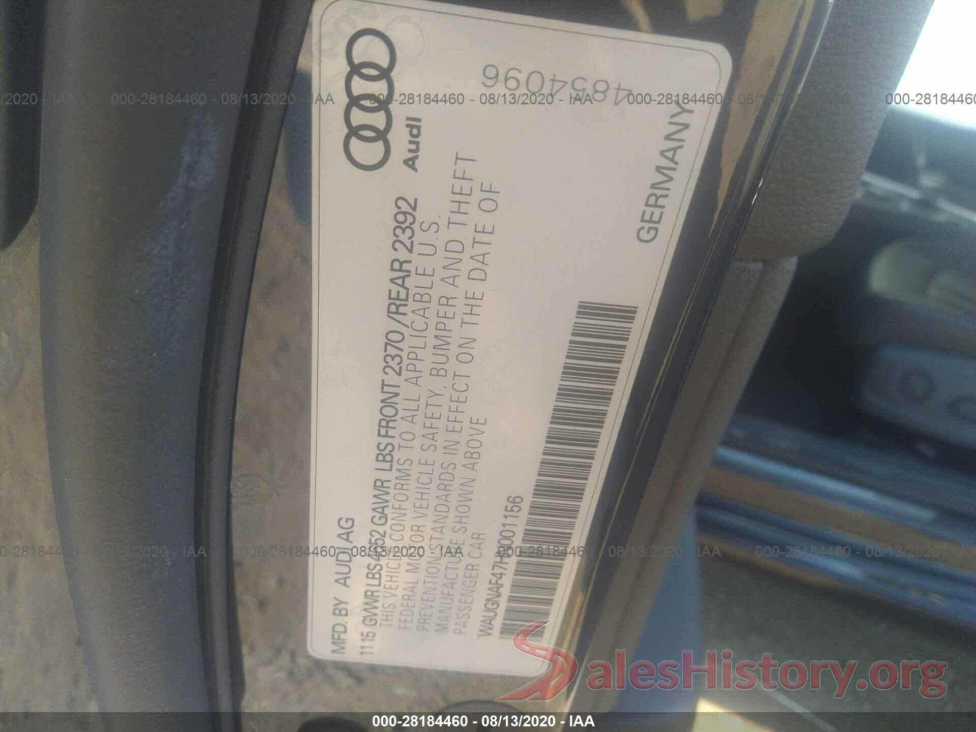 WAUGNAF47HN001156 2017 AUDI A4