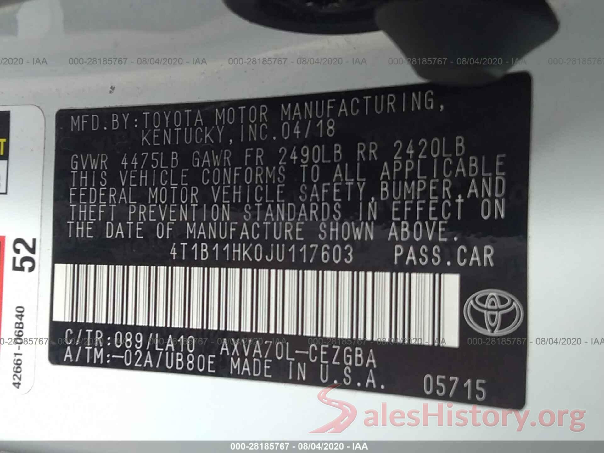 4T1B11HK0JU117603 2018 TOYOTA CAMRY