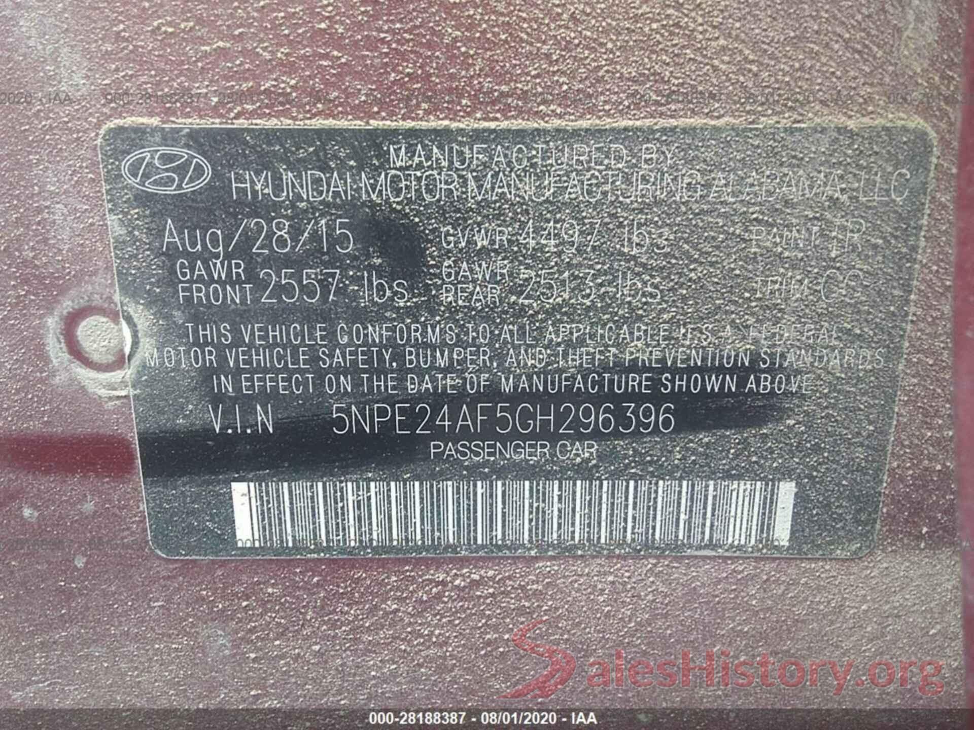 5NPE24AF5GH296396 2016 HYUNDAI SONATA