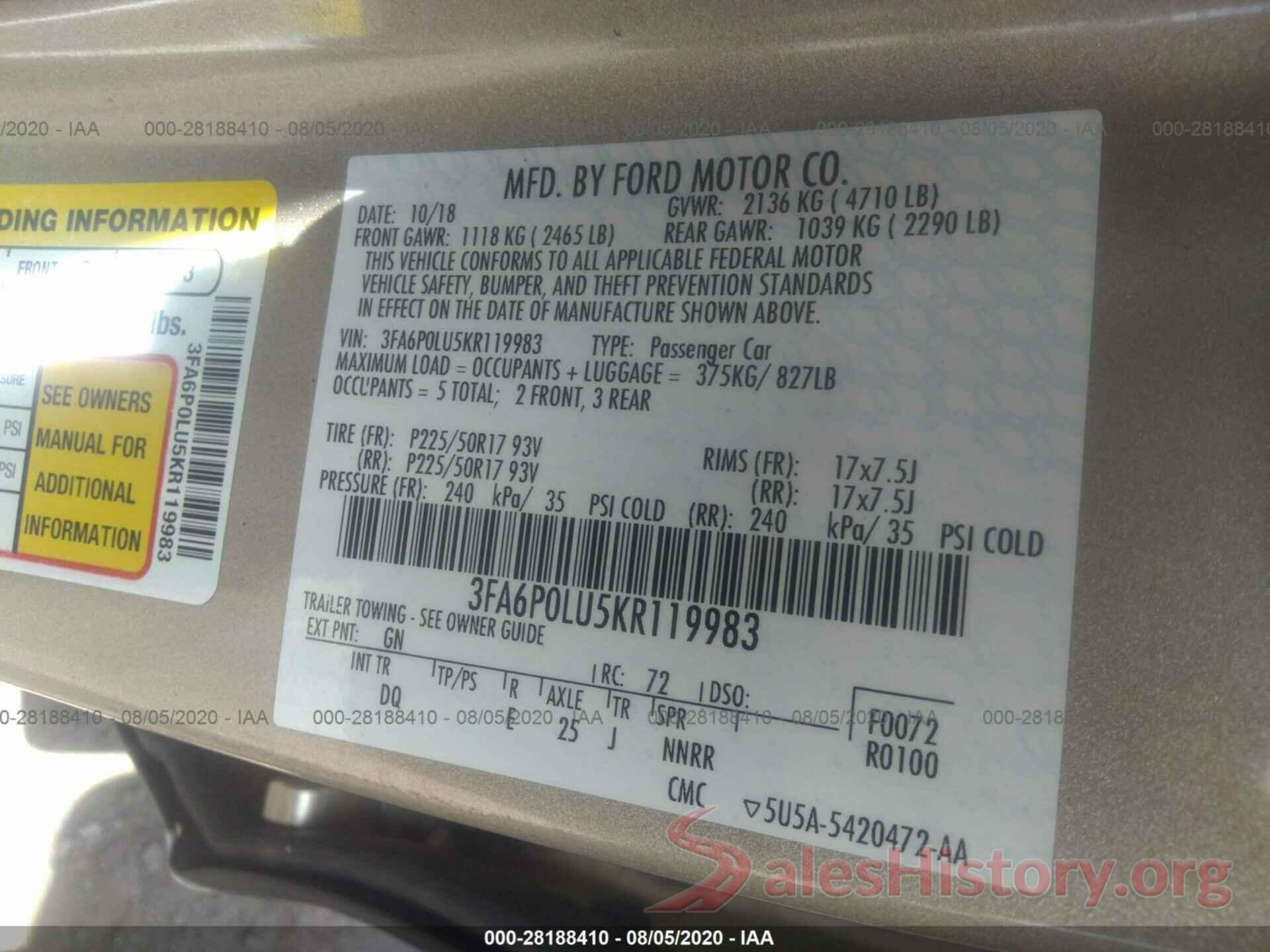 3FA6P0LU5KR119983 2019 FORD FUSION HYBRID