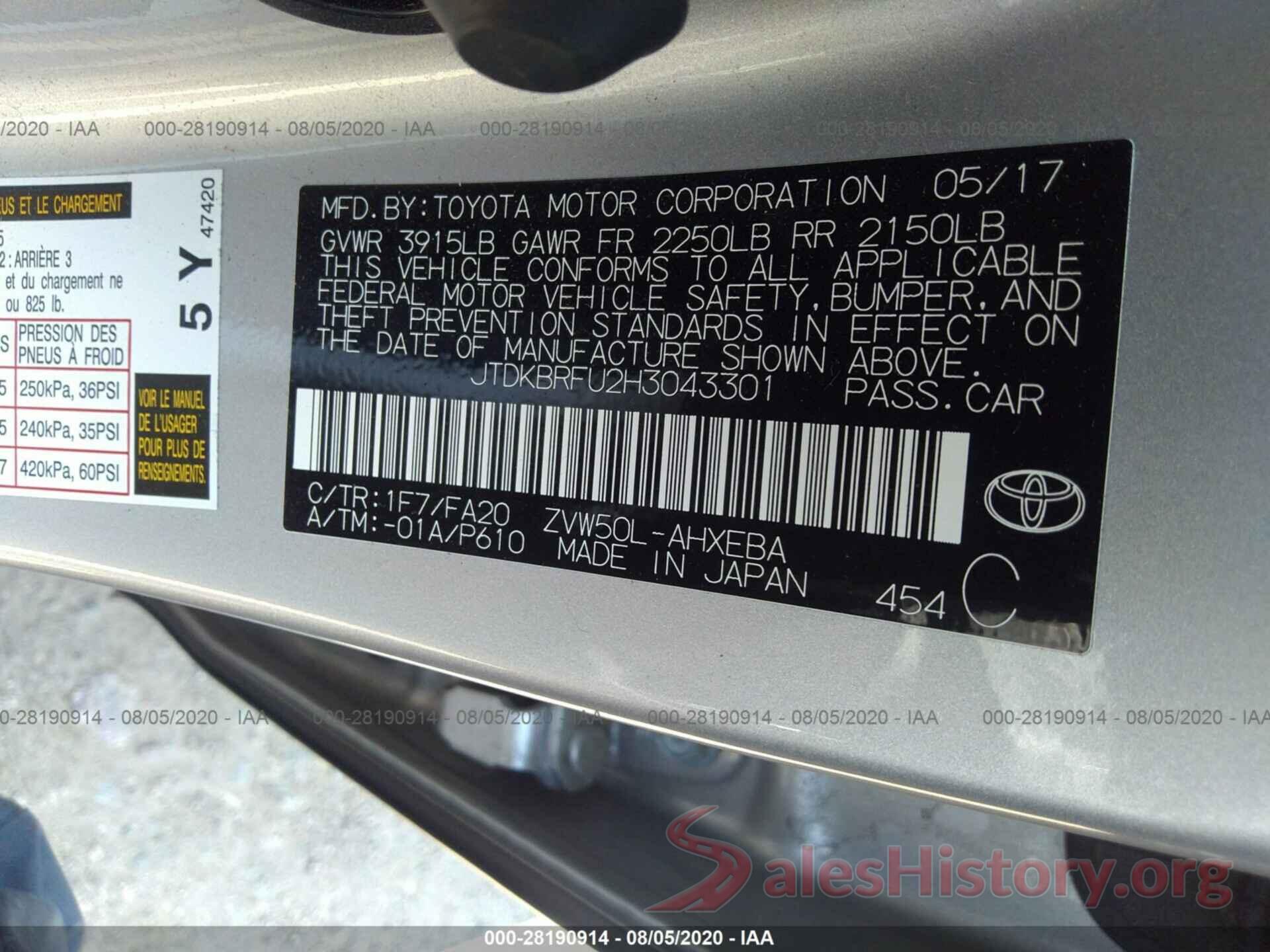 JTDKBRFU2H3043301 2017 TOYOTA PRIUS