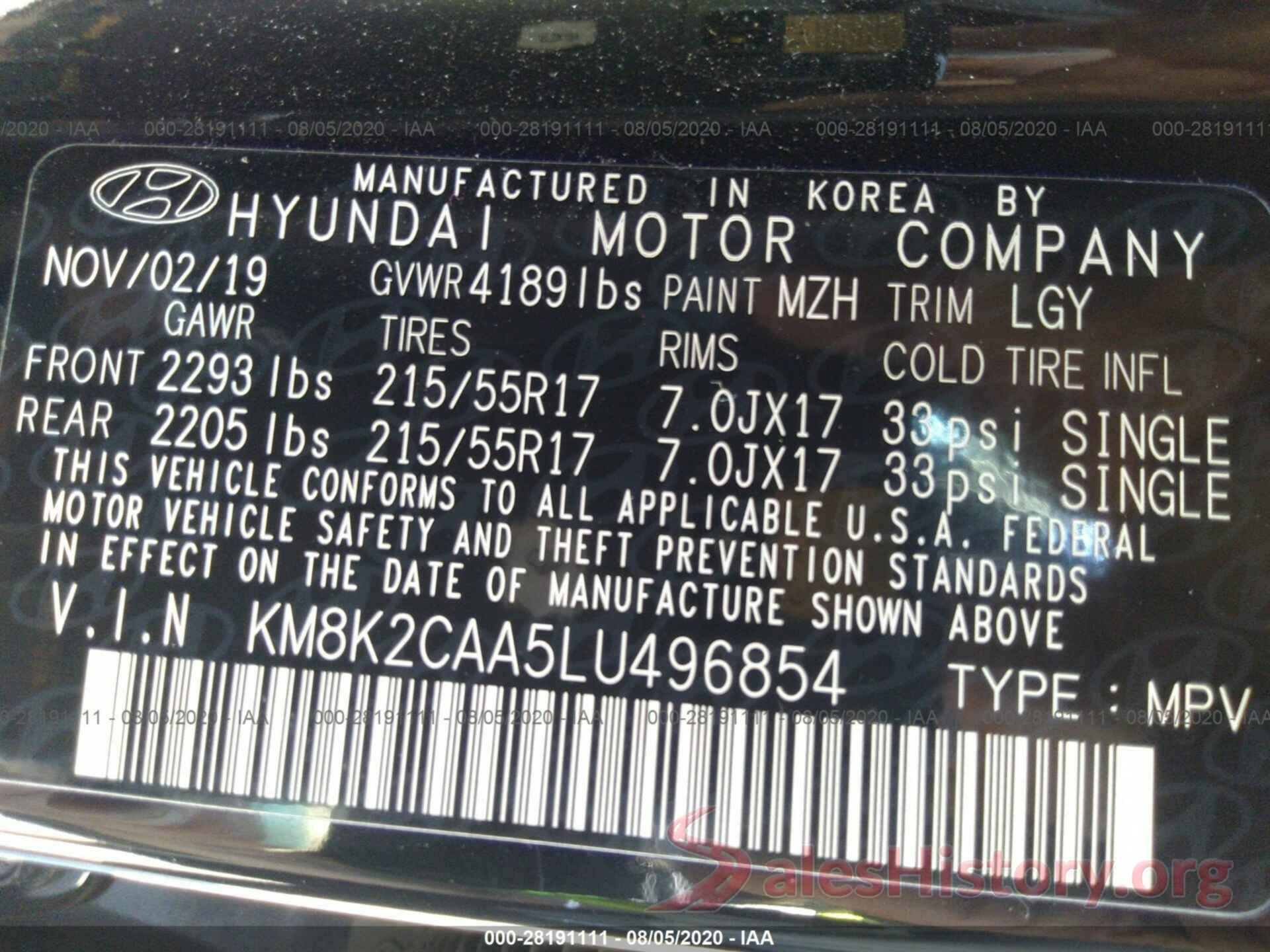 KM8K2CAA5LU496854 2020 HYUNDAI KONA