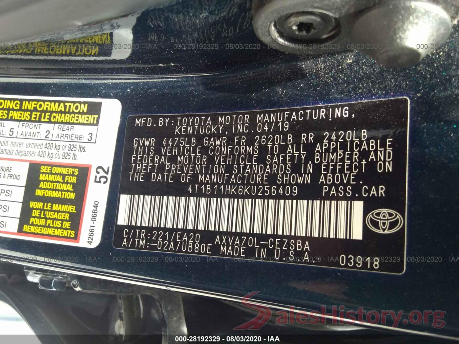 4T1B11HK6KU256409 2019 TOYOTA CAMRY