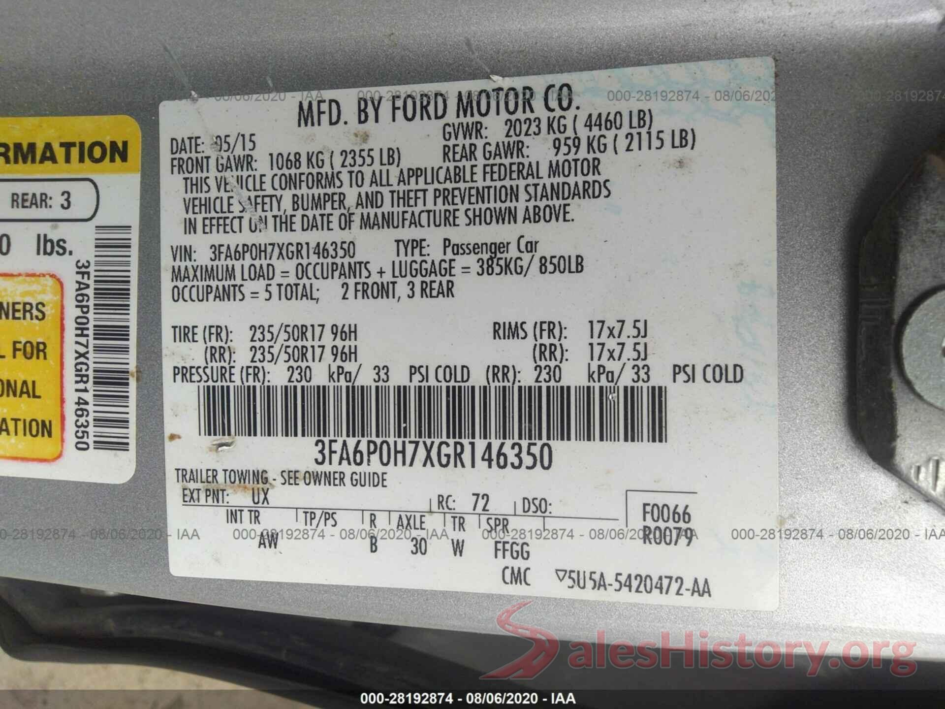 3FA6P0H7XGR146350 2016 FORD FUSION