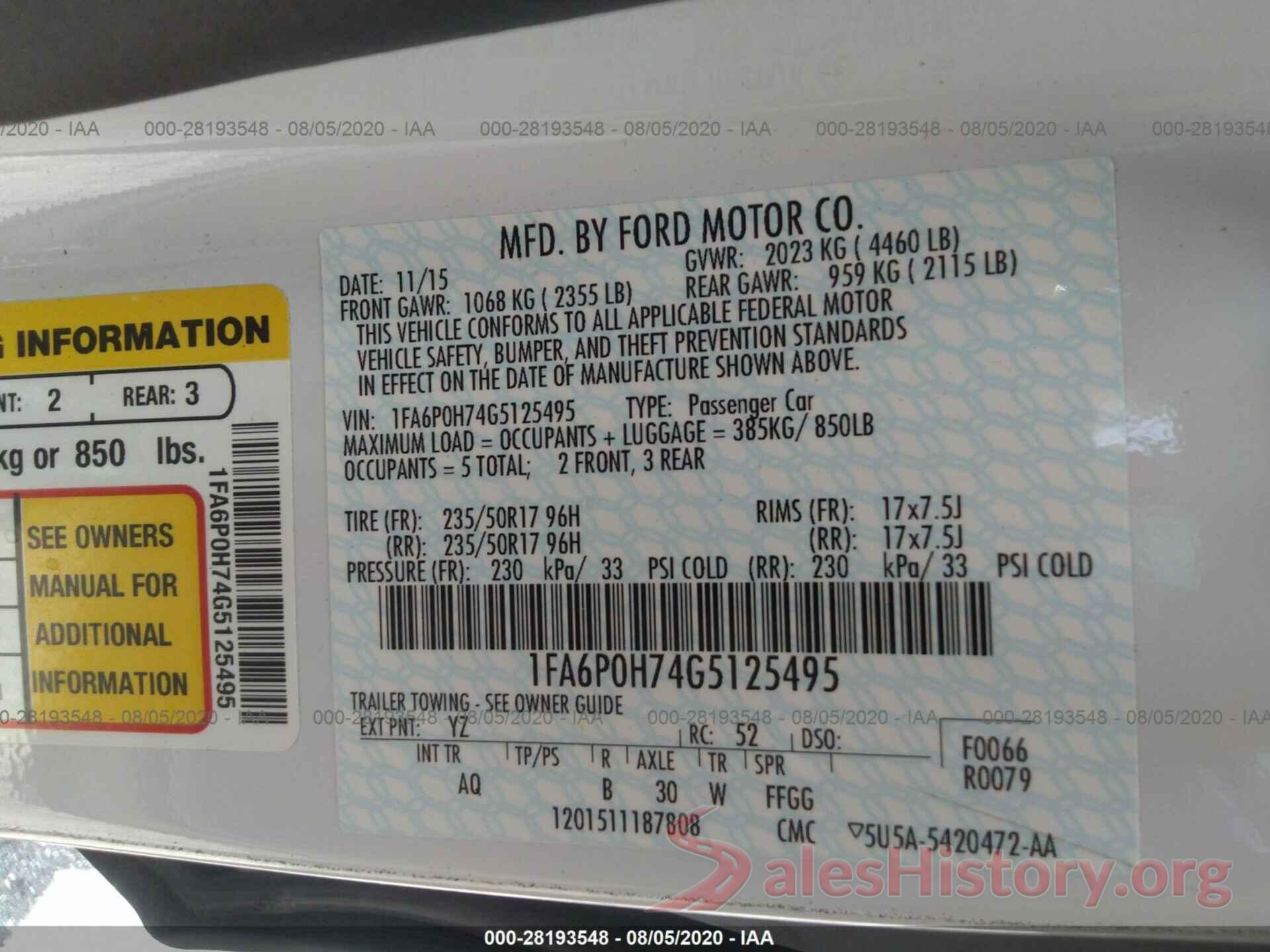 1FA6P0H74G5125495 2016 FORD FUSION