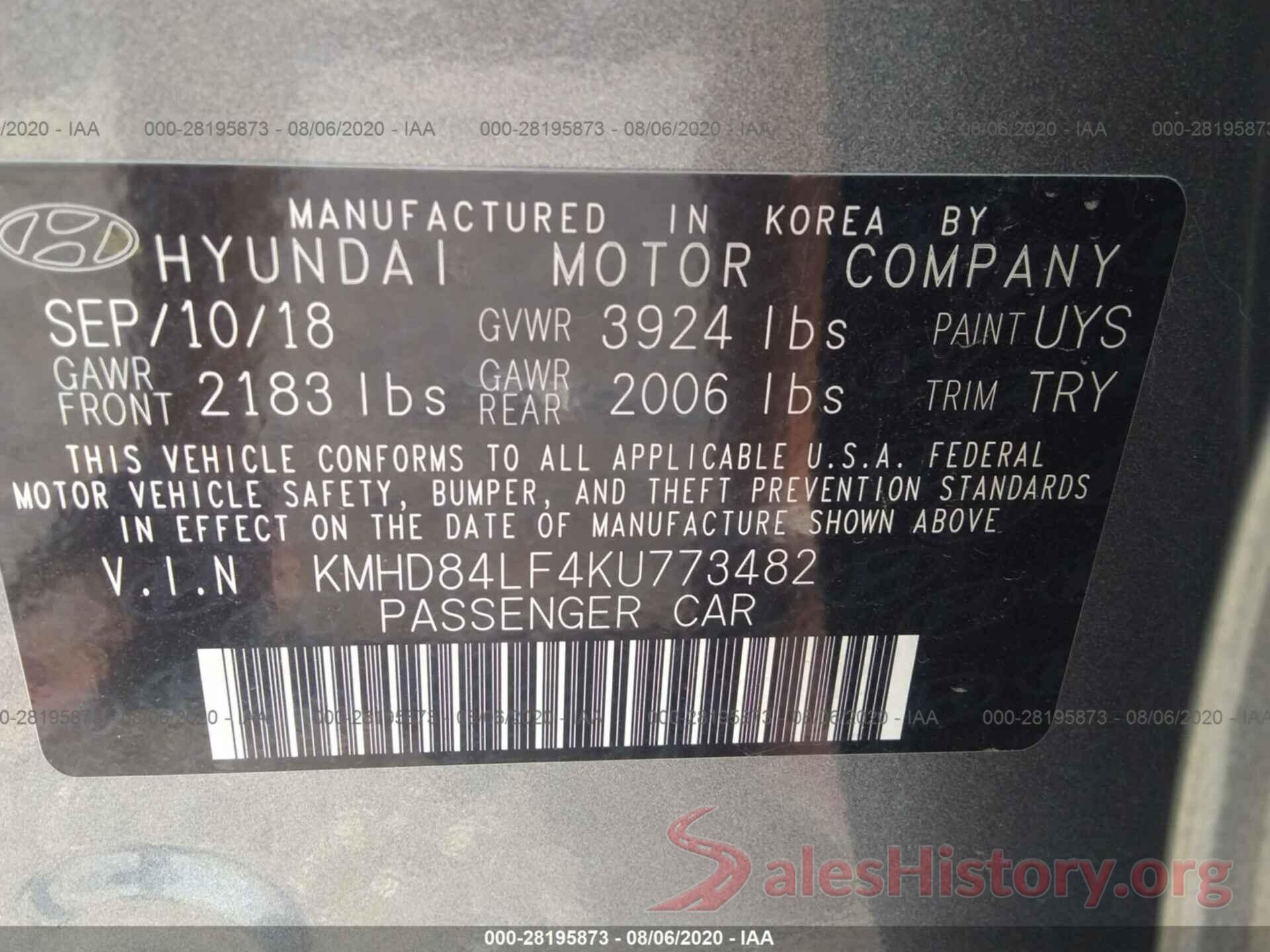 KMHD84LF4KU773482 2019 HYUNDAI ELANTRA