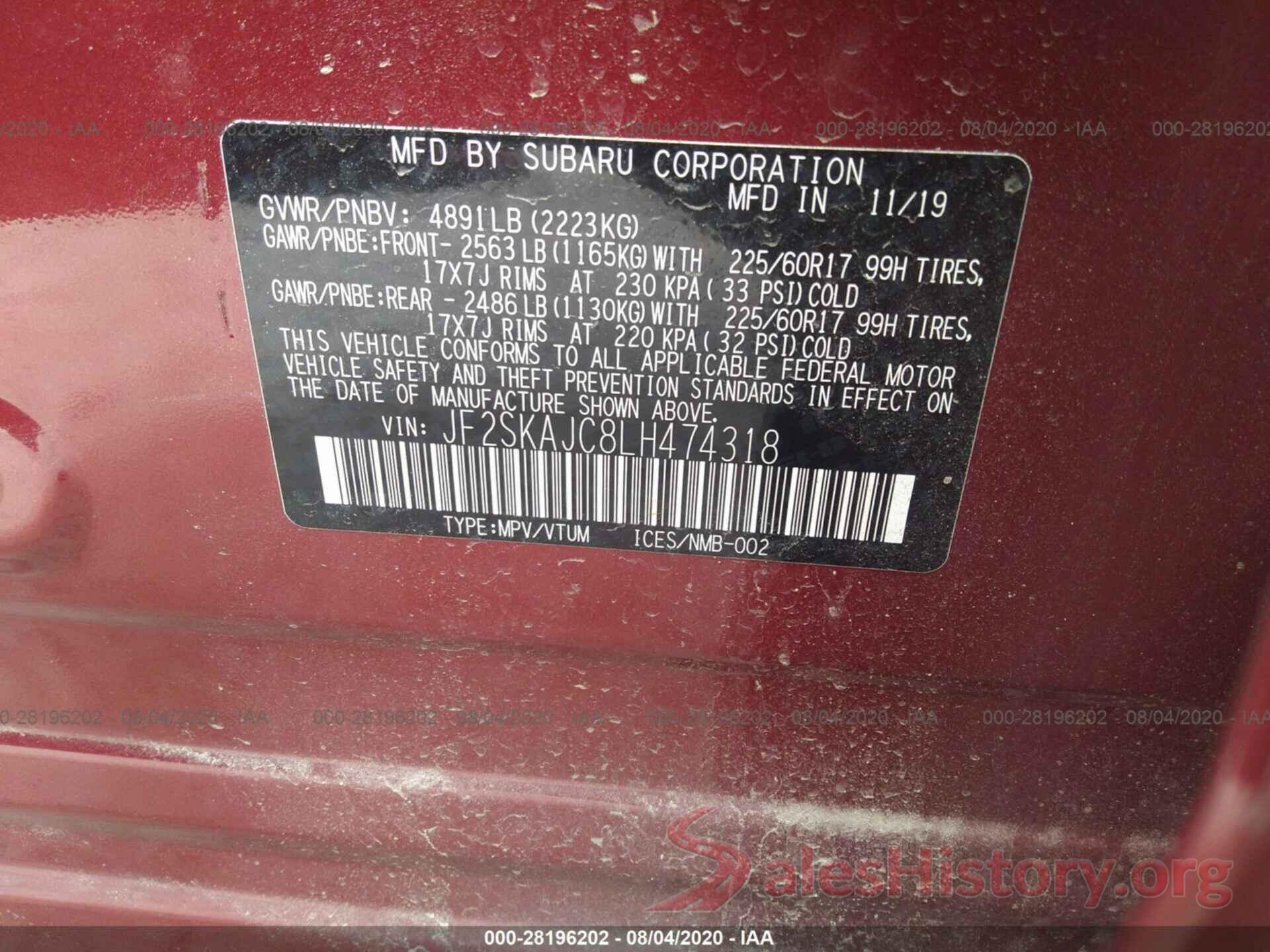 JF2SKAJC8LH474318 2020 SUBARU FORESTER