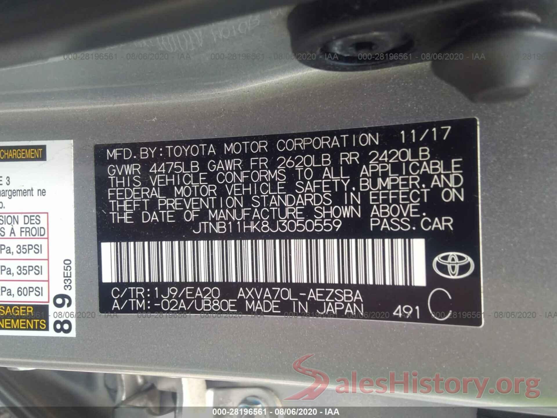 JTNB11HK8J3050559 2018 TOYOTA CAMRY