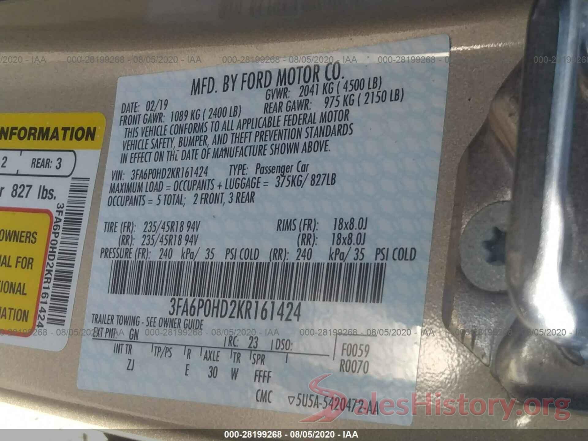 3FA6P0HD2KR161424 2019 FORD FUSION