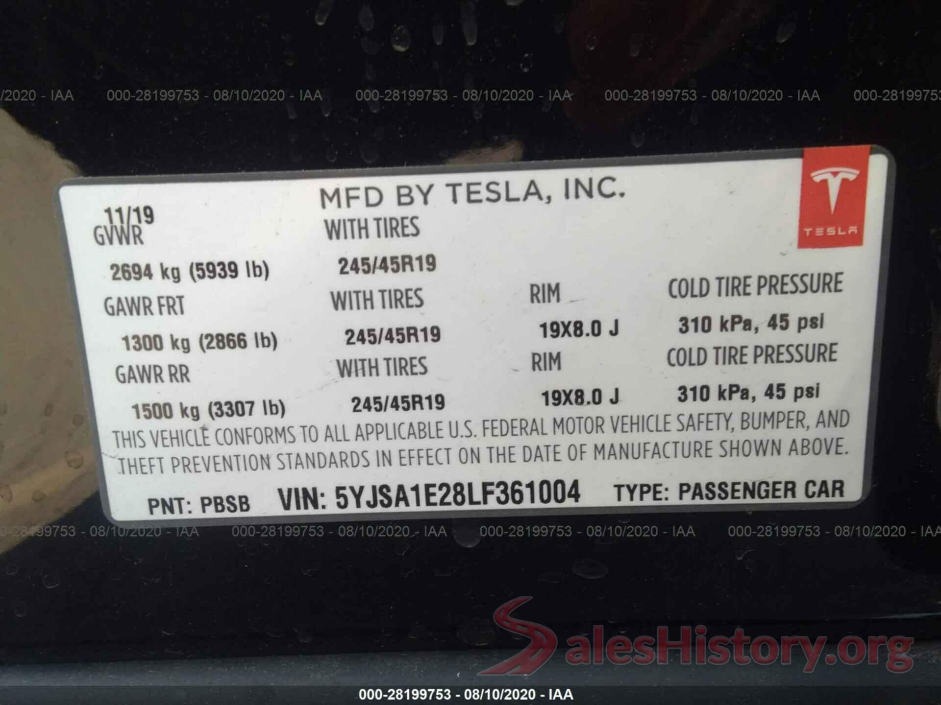 5YJSA1E28LF361004 2020 TESLA MODEL S