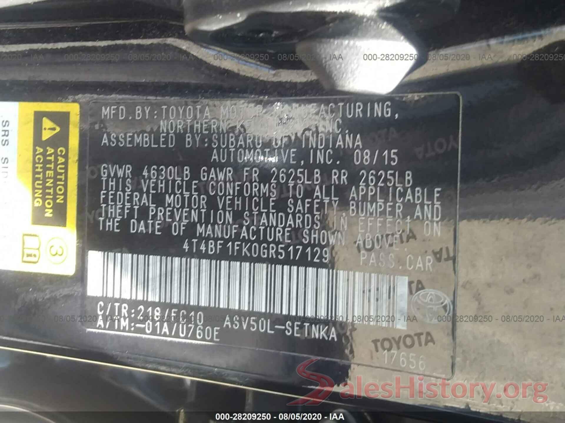 4T4BF1FK0GR517129 2016 TOYOTA CAMRY