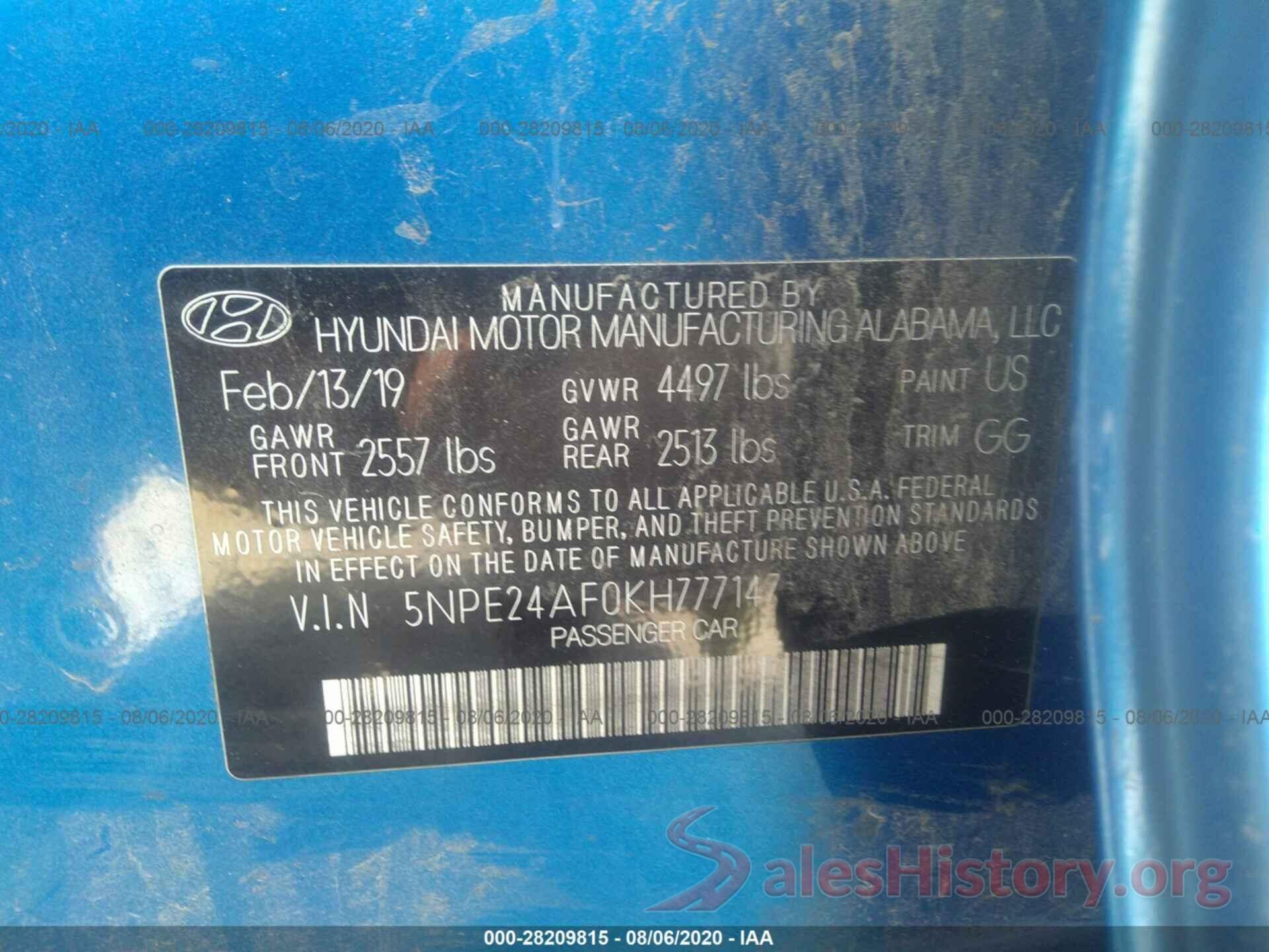 5NPE24AF0KH777147 2019 HYUNDAI SONATA