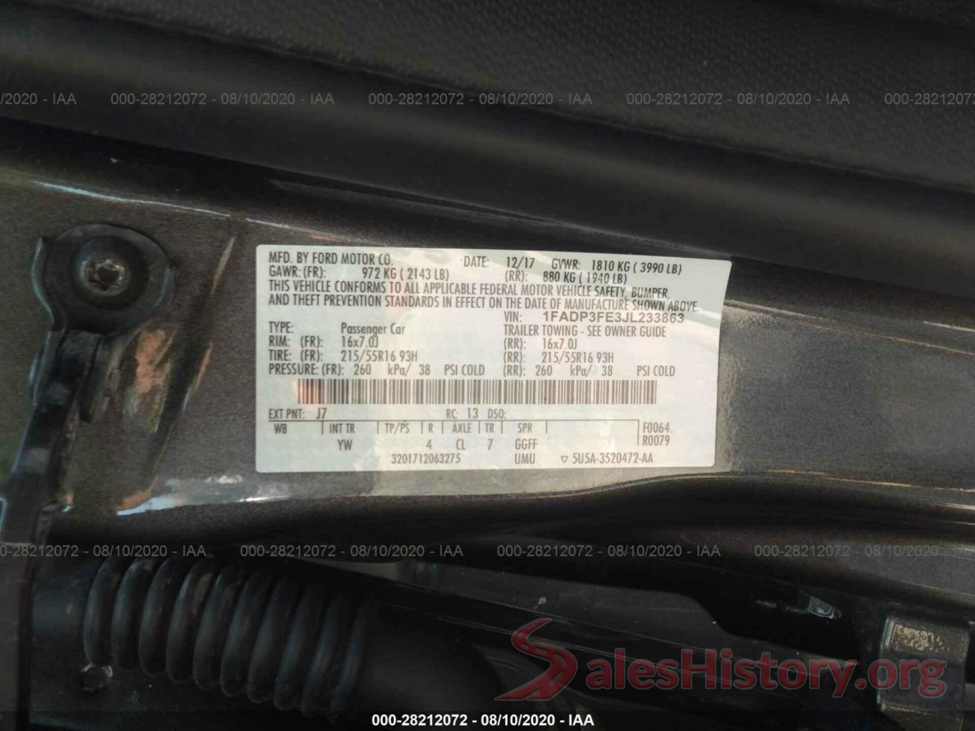 1FADP3FE3JL233863 2018 FORD FOCUS