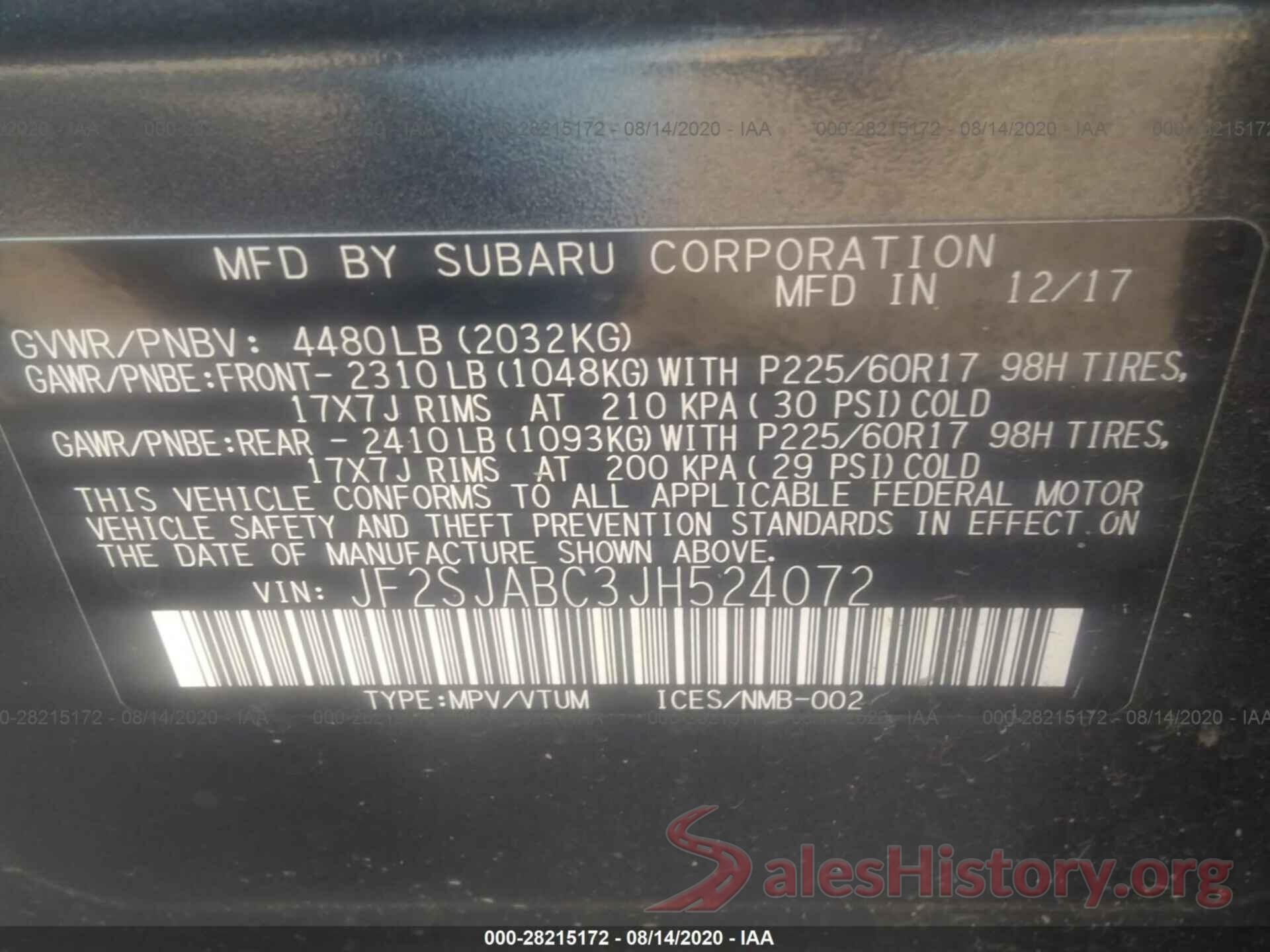 JF2SJABC3JH524072 2018 SUBARU FORESTER