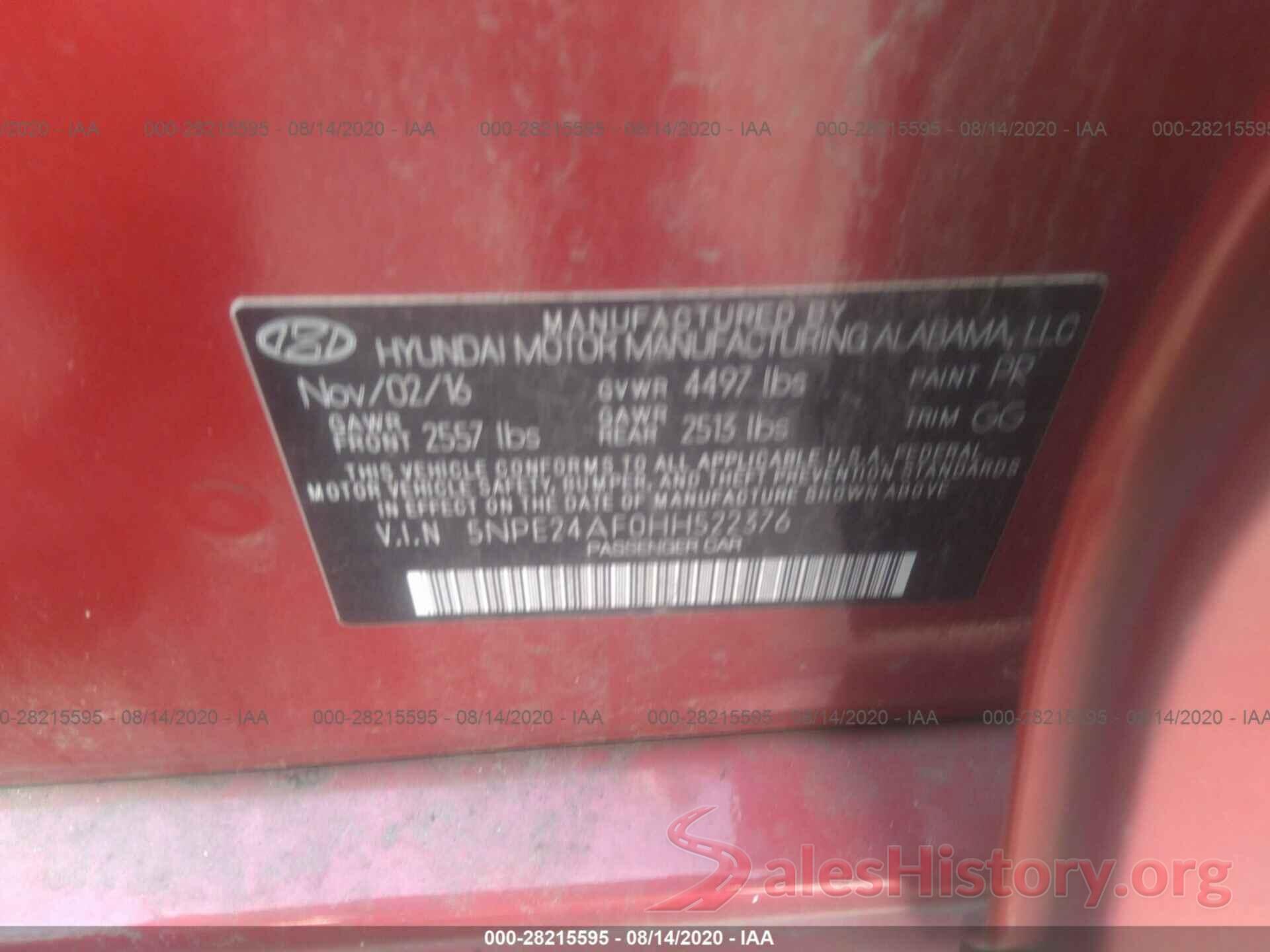 5NPE24AF0HH522376 2017 HYUNDAI SONATA