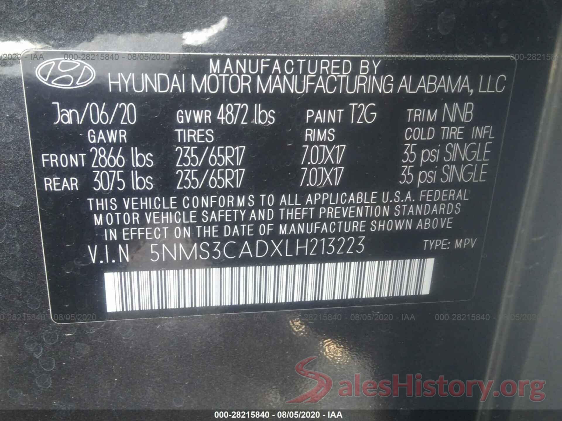 5NMS3CADXLH213223 2020 HYUNDAI SANTA FE