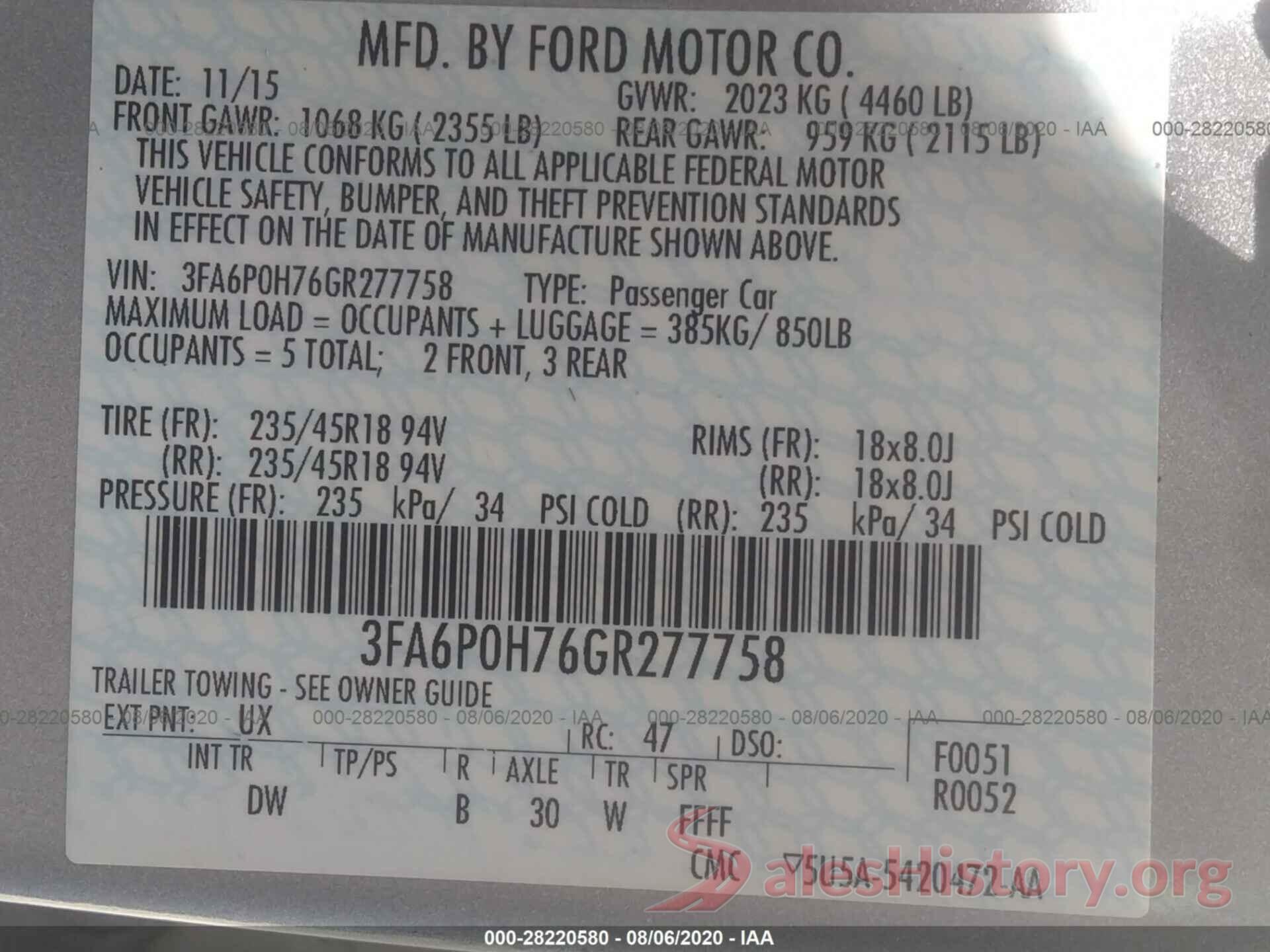 3FA6P0H76GR277758 2016 FORD FUSION