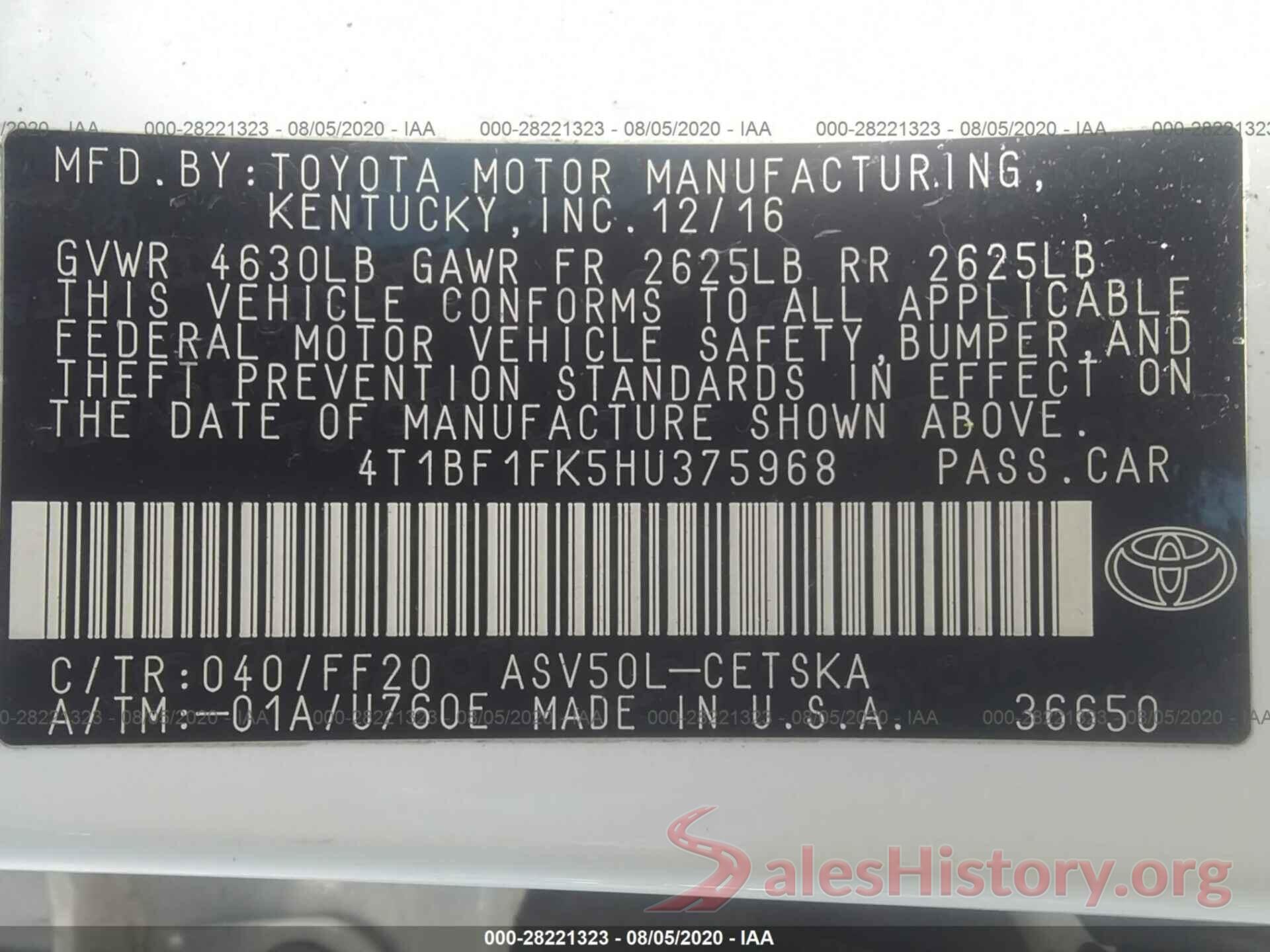 4T1BF1FK5HU375968 2017 TOYOTA CAMRY