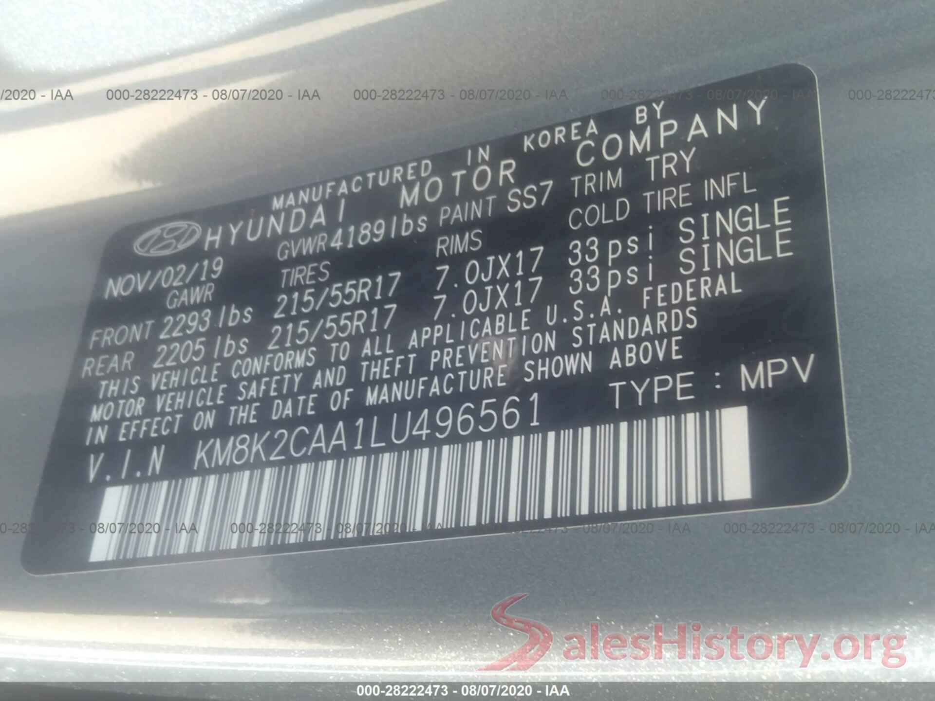 KM8K2CAA1LU496561 2020 HYUNDAI KONA