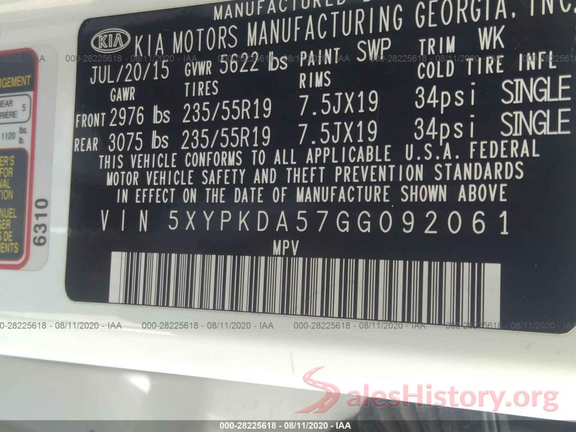 5XYPKDA57GG092061 2016 KIA SORENTO