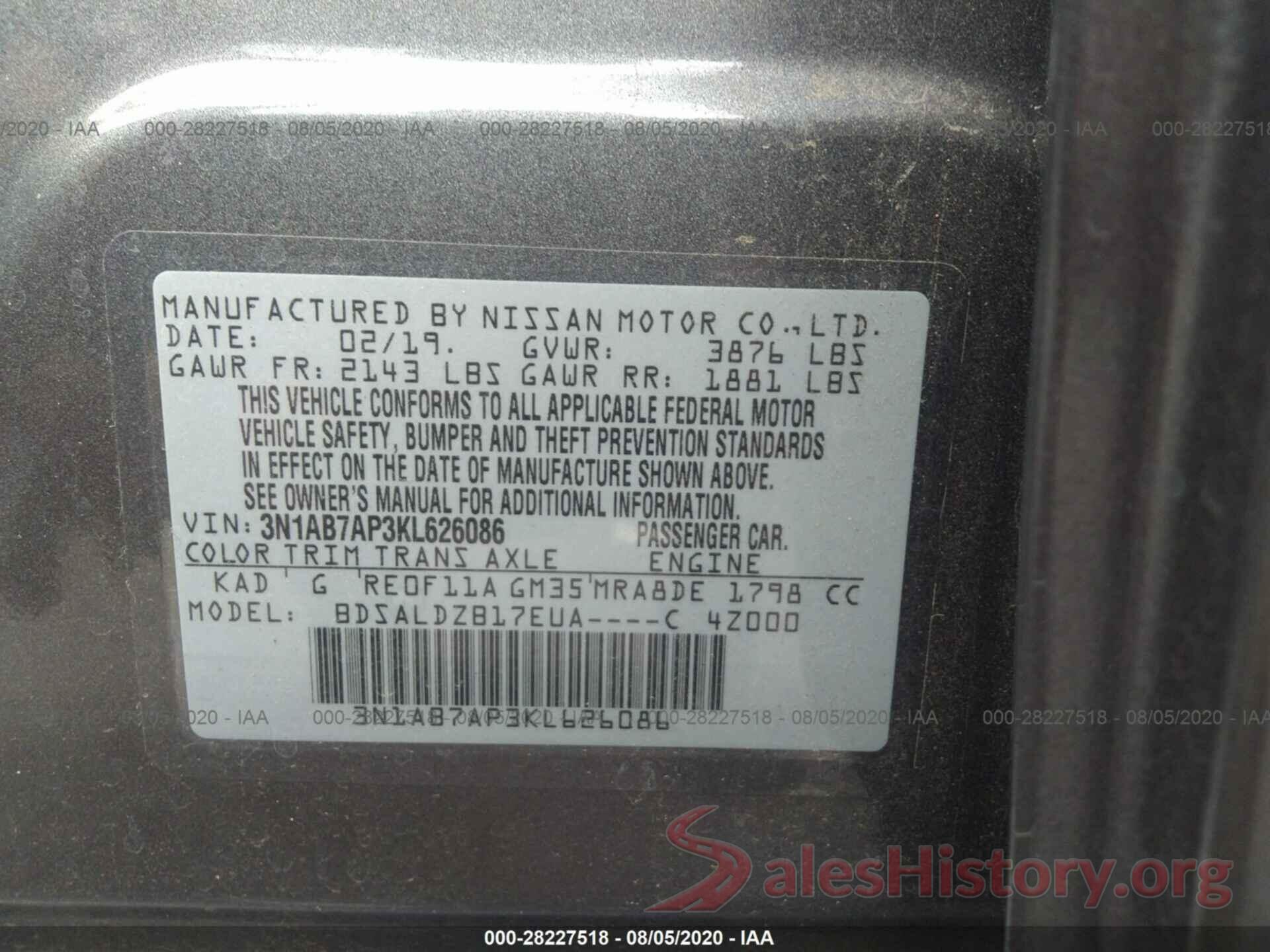 3N1AB7AP3KL626086 2019 NISSAN SENTRA